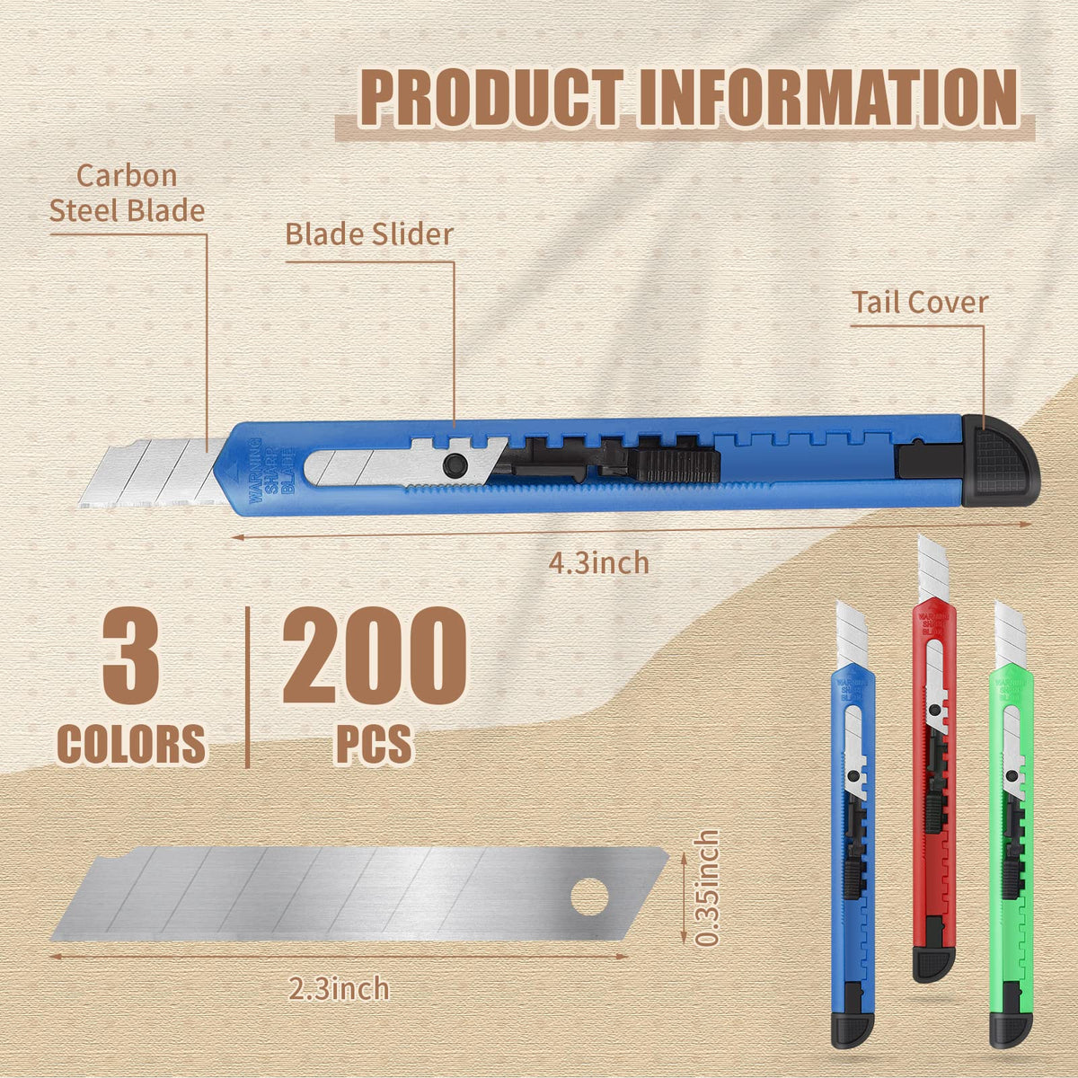 Lasnten 200 Pcs Box Cutter Utility Knife Small Retractable 9mm Wide Snap off Blade Knife Plastic Compact Box Opener with Sliding Lock Tools for Home Office Arts Crafts, 3 Colors