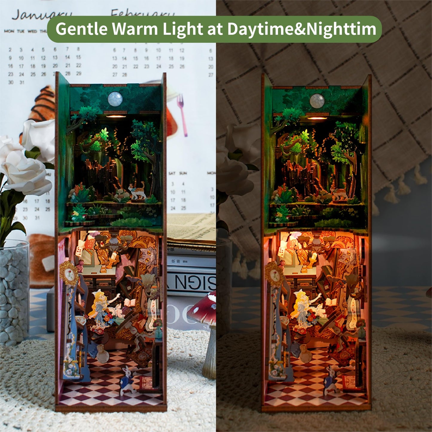 Tonecheer DIY Book Nook Kit for Adults,3D Wooden Puzzle Bookend Bookshelf Insert Library Decor, Booknook Miniature House Kit with Body Motion Sensor LED Light (Alice in Wonderland)