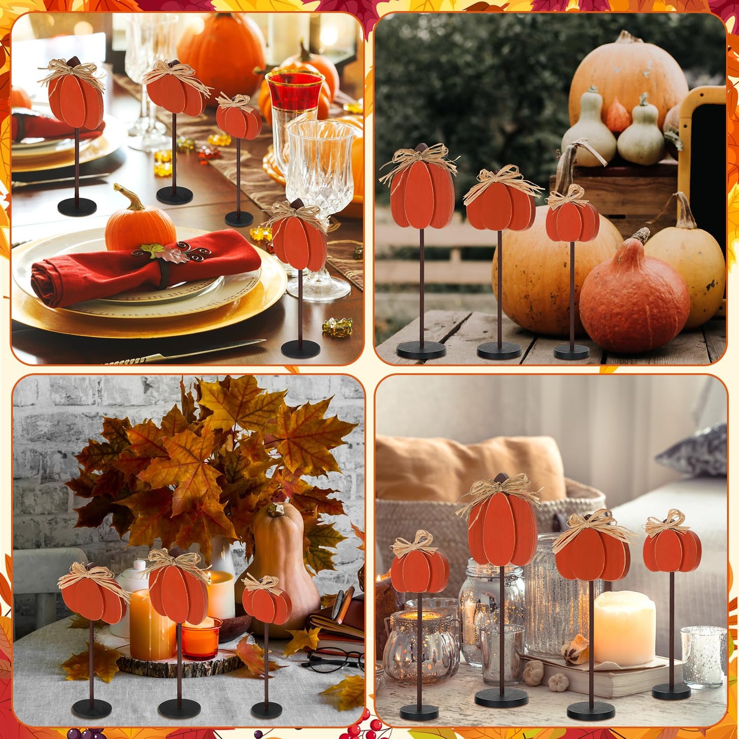 Thyle 3 Pcs Thanksgiving Pumpkin Table Centerpieces Wood Harvest Table Decorations for Home Standing Block Tall Sign with Bow for Home Decor(Orange)