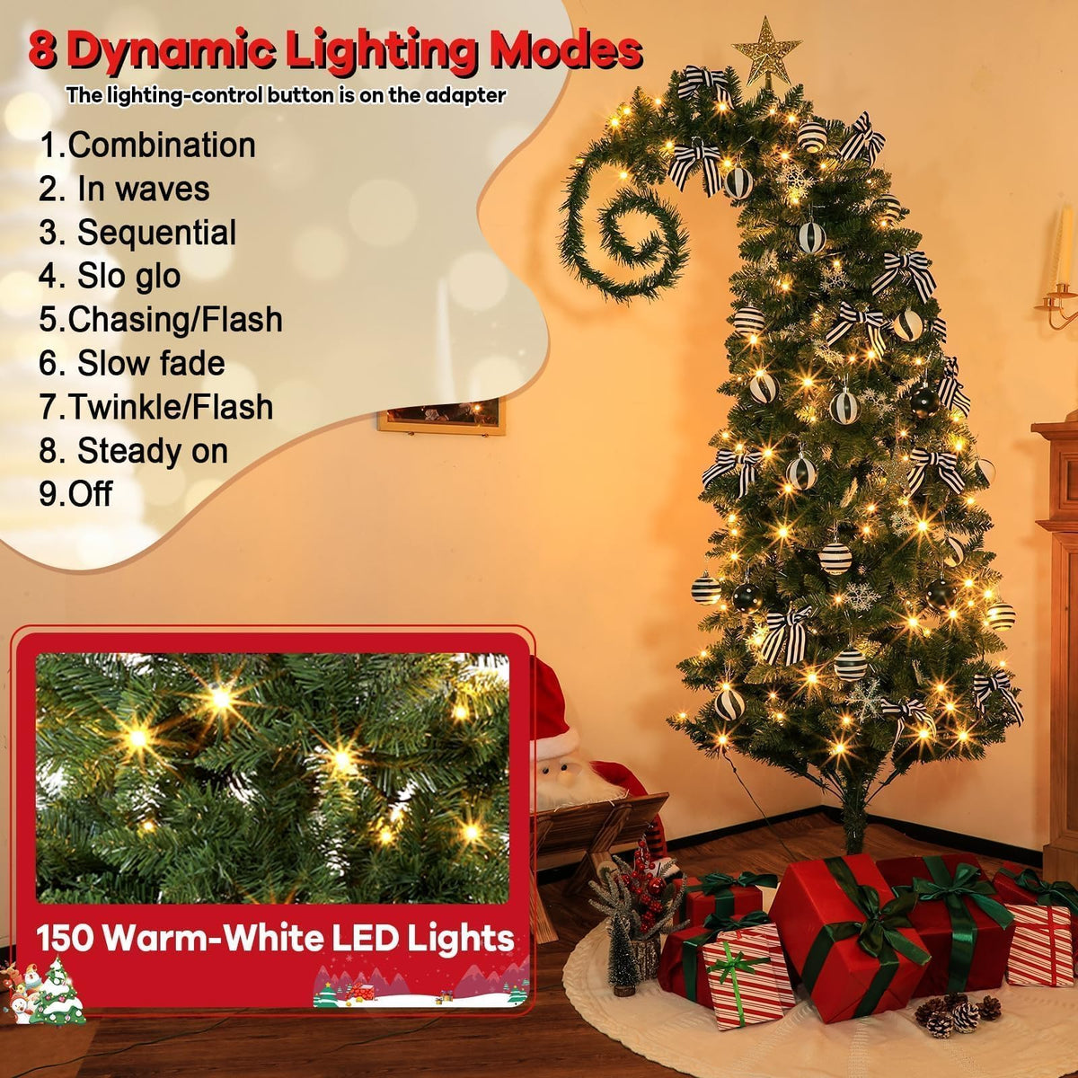 32Pcs 6 FT Christmas Tree with Light and Nightmare Ornament Ball Before Bendable Whimsical Christmas Tree with Black White Bow Ball 8 Modes String Light Crooked Bent Top for Home Decor (Green)