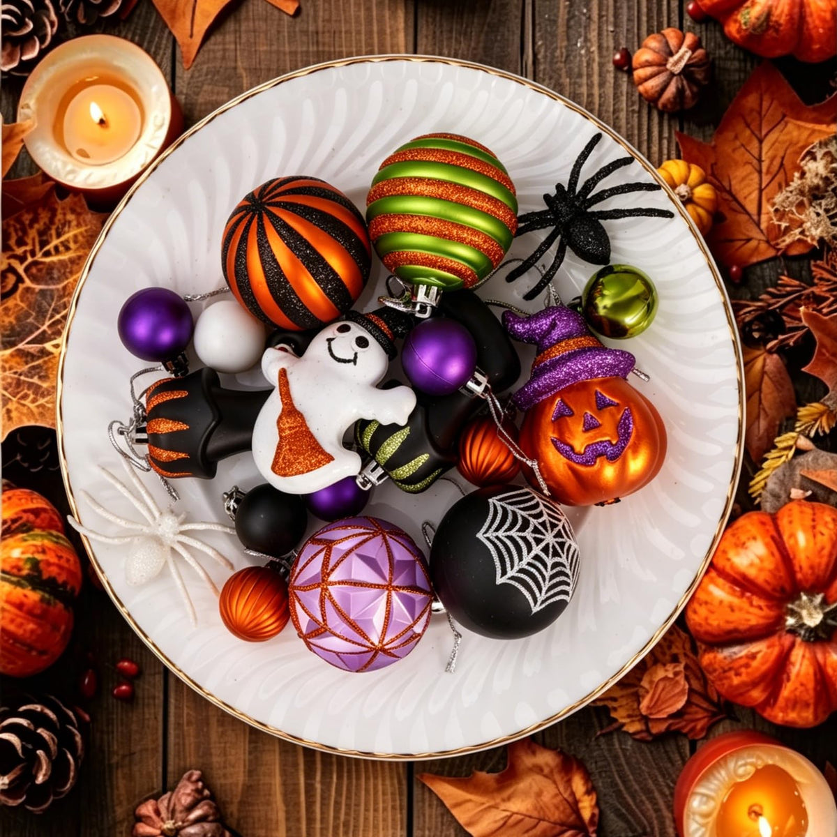 Fashlits Halloween Ball Ornaments Set, Shatterproof Halloween Tree Decorations Cute Pumpkim Ghost Spider Hanging Ornaments for Holiday Party Indoor Home Decor (35Pcs)