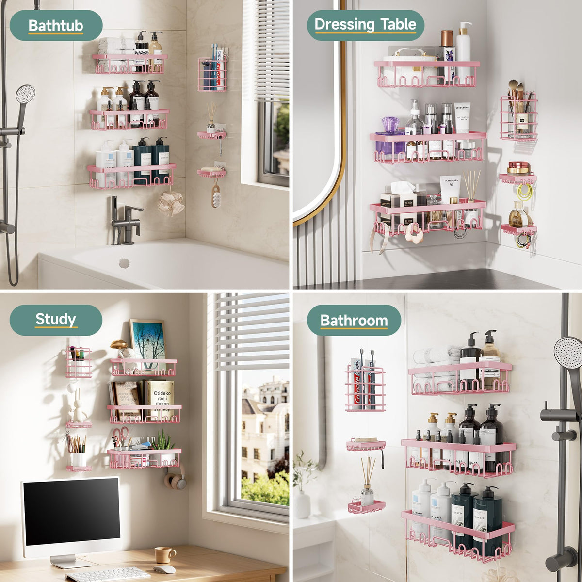 Veken Large Capacity Shower Caddy 6-Pack, No Drilling & Rustproof, Adhesive Shower Shelves with Soap Holder, Bathroom Organizers and Storage, Wall-Mounted Kitchen & Home Decor, Pink