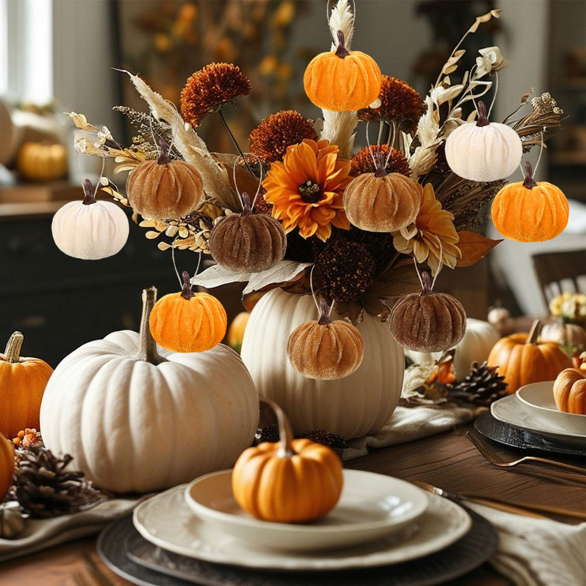 12 Pcs Velvet Pumpkins Fall Thanksgiving Pumpkins Hanging Ornaments Fall Tree Decorations Orange White Brown Velvet Wrapped Pumpkin Ball Decor with Hemp Rope for Thanksgiving Party Tree Farmhouse (A)