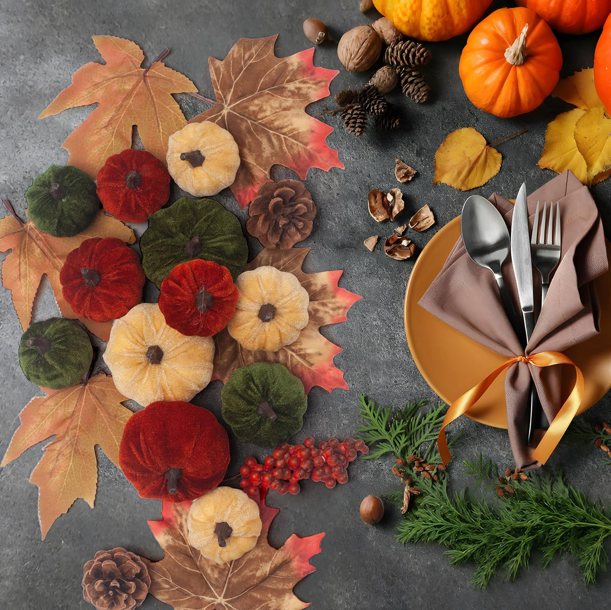 GHGMAO 21 PCS Pumpkins Decor Set, 3 Sizes Fake Velvet Pumpkin, Dark Green Brown Gold Small Foam Pumpkins for Thanksgiving Farmhouse Fall Harvest Autumn Decorations Table Centerpiece