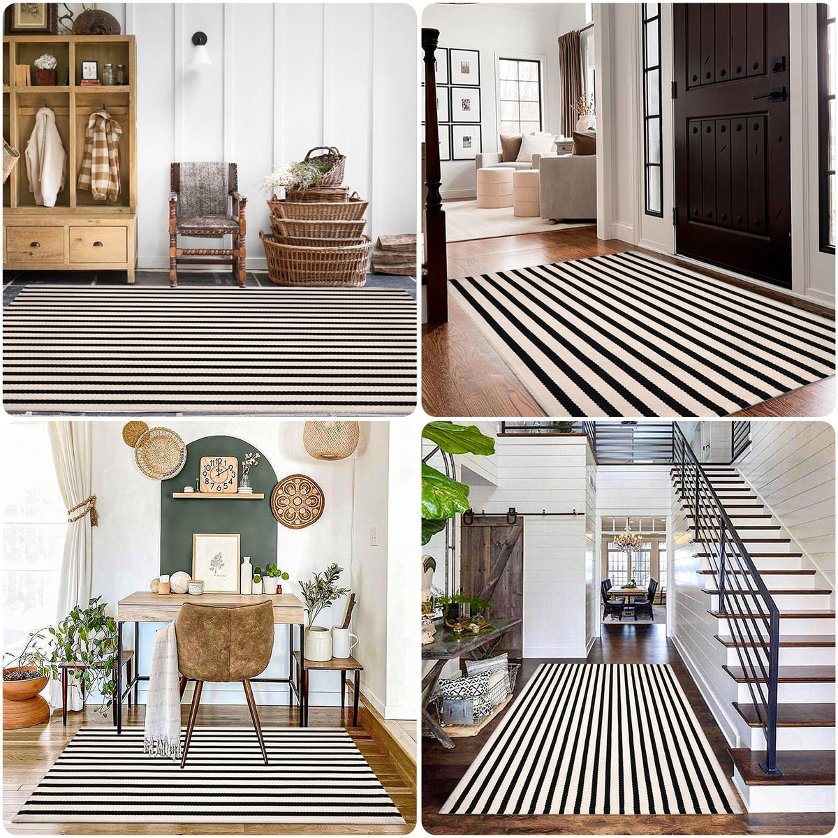 Black and White Striped Rugs, 28x43 Inches Outdoor Front Porch Doormat Cotton Hand-Woven Farmhouse Layered Door Mats for Front Porch, Patio, Entryway, Laundry Room