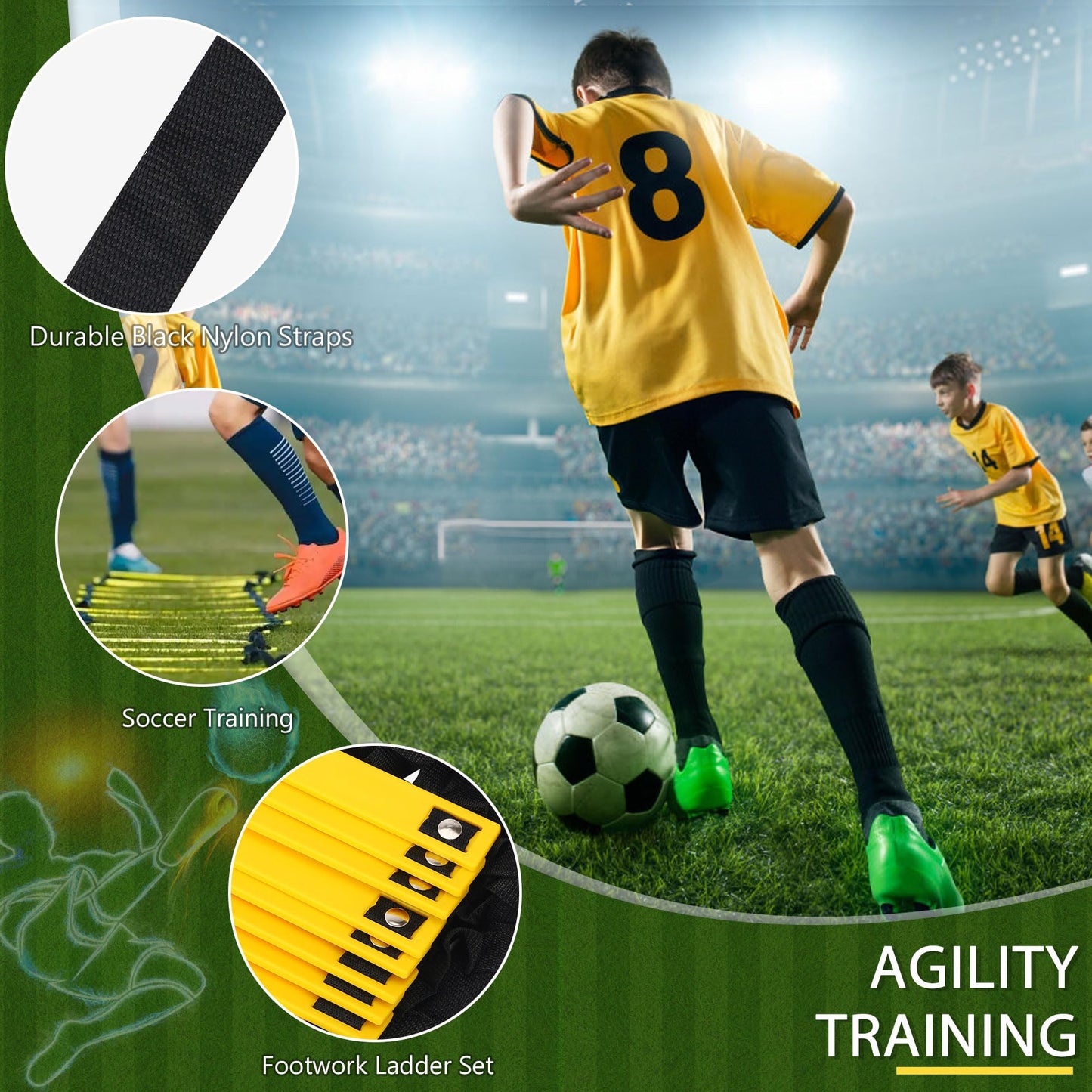 Camkinger Fixed Rung Agility Ladder, 20ft, 12 Rungs No Tangle Speed and Agility-Training Equipment for Soccer Footwork Coaching Ladders with Carrying Bag, Ground Stakes for Adults, Youth Kids, Yellow
