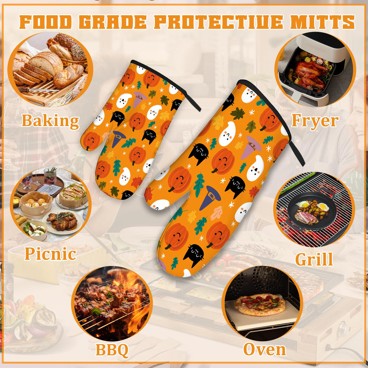 Halloween Pumpkins Oven Mitts and Pot Holders Set,Ghosts Black Cats Kitchen Decor Heat Resistant Non Slip Hot Pads and Oven Mitt for Chef Cooking Baking BBQ Mom Girl Gifts(4 Piece Set)
