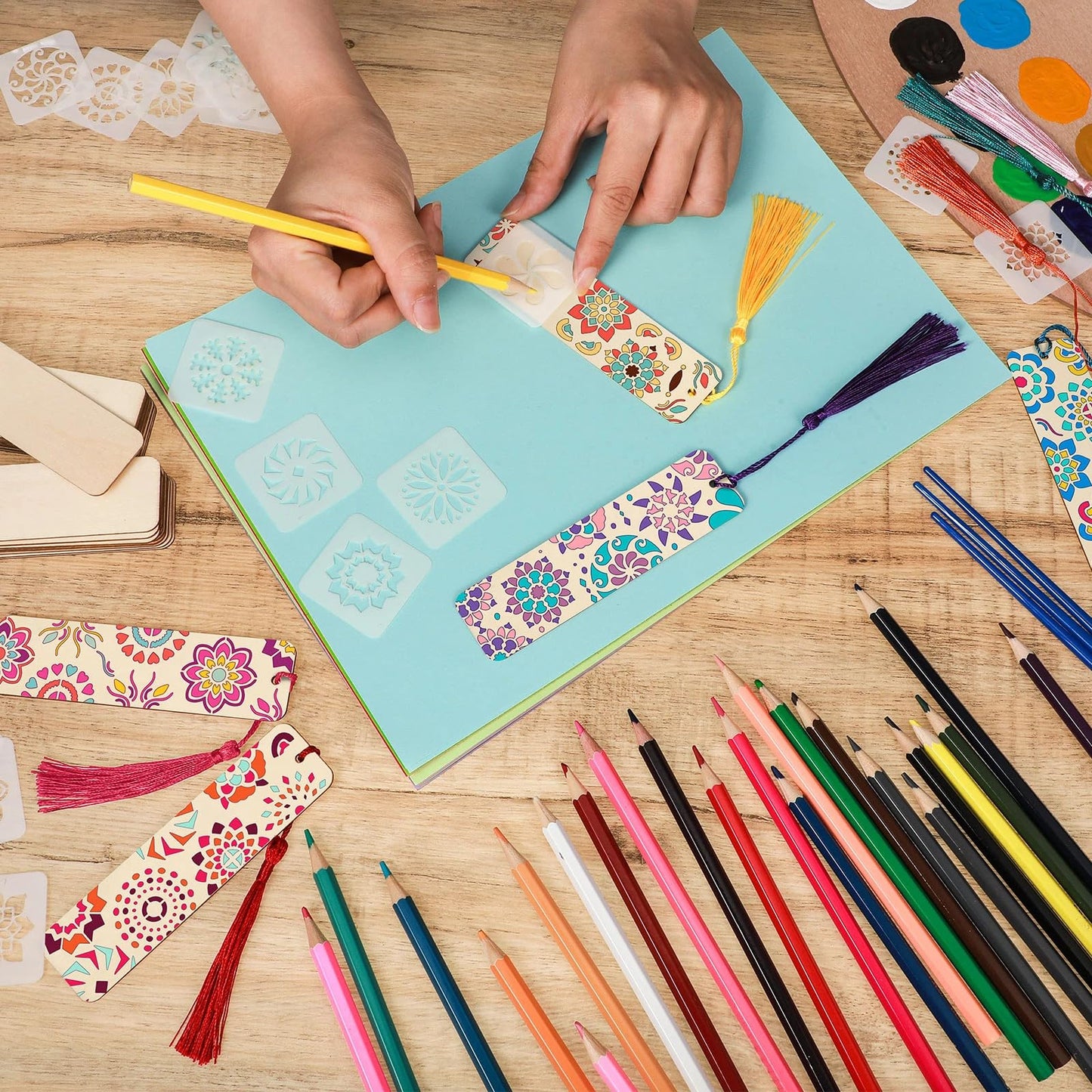 TaoBary 92 Pcs Large Size Wood Bookmark Making Kit Includes 36 Unfinished Blank Bookmarks 36 Tassels 20 Templates Craft DIY Crafts, Painting, Valentine's Day, Mother's Day Gift(Floral, 6 x 2 Inch)