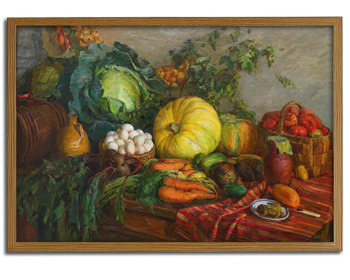 Rustic Harvest Still Life Wall Art Vintage Oil Painting Reproduction with Pumpkin, Cabbage, Carrots & Basket for kitchens, dining rooms, farmhouse cabins, restaurants, or rustic cafés that embrace a vintage countryside theme (12" x 18"-UNFRAMED)