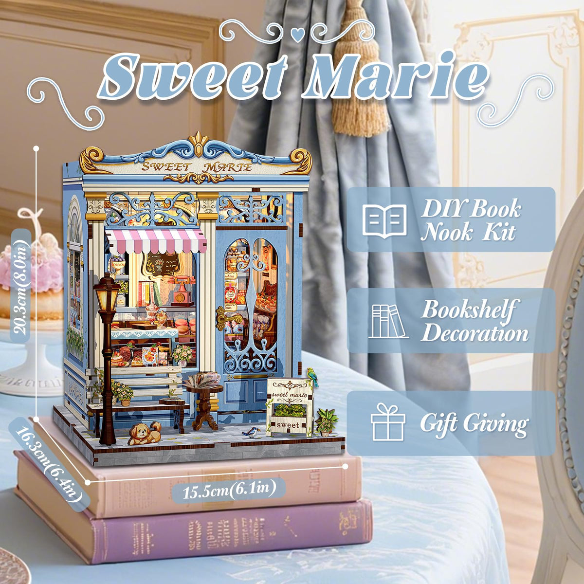 Fsolis Book Nook Kit - DIY Miniature House Kit for Adults, Booknook Bakery Bookshelf 3D Wooden Puzzles Gifts for Women Puzzle Lovers (Sweet Marie)