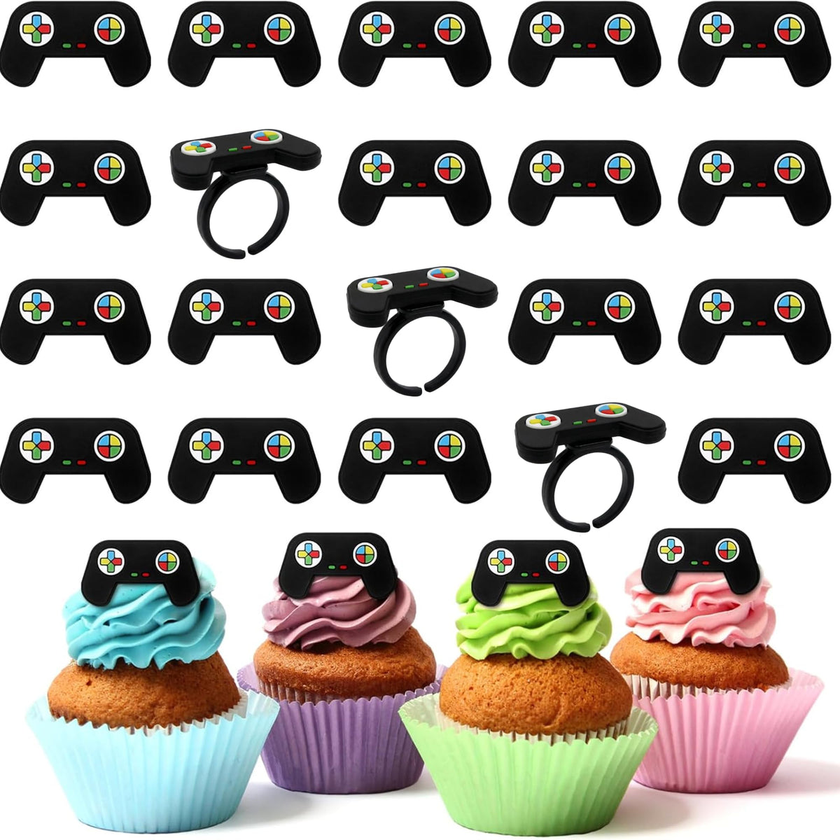 Chunful 48 Pcs Video Game Cupcake Rings Toppers Decoration Cake Game Party Decoration Cupcake Picks for Birthday Anniversary Wedding Engagement Party Supplies