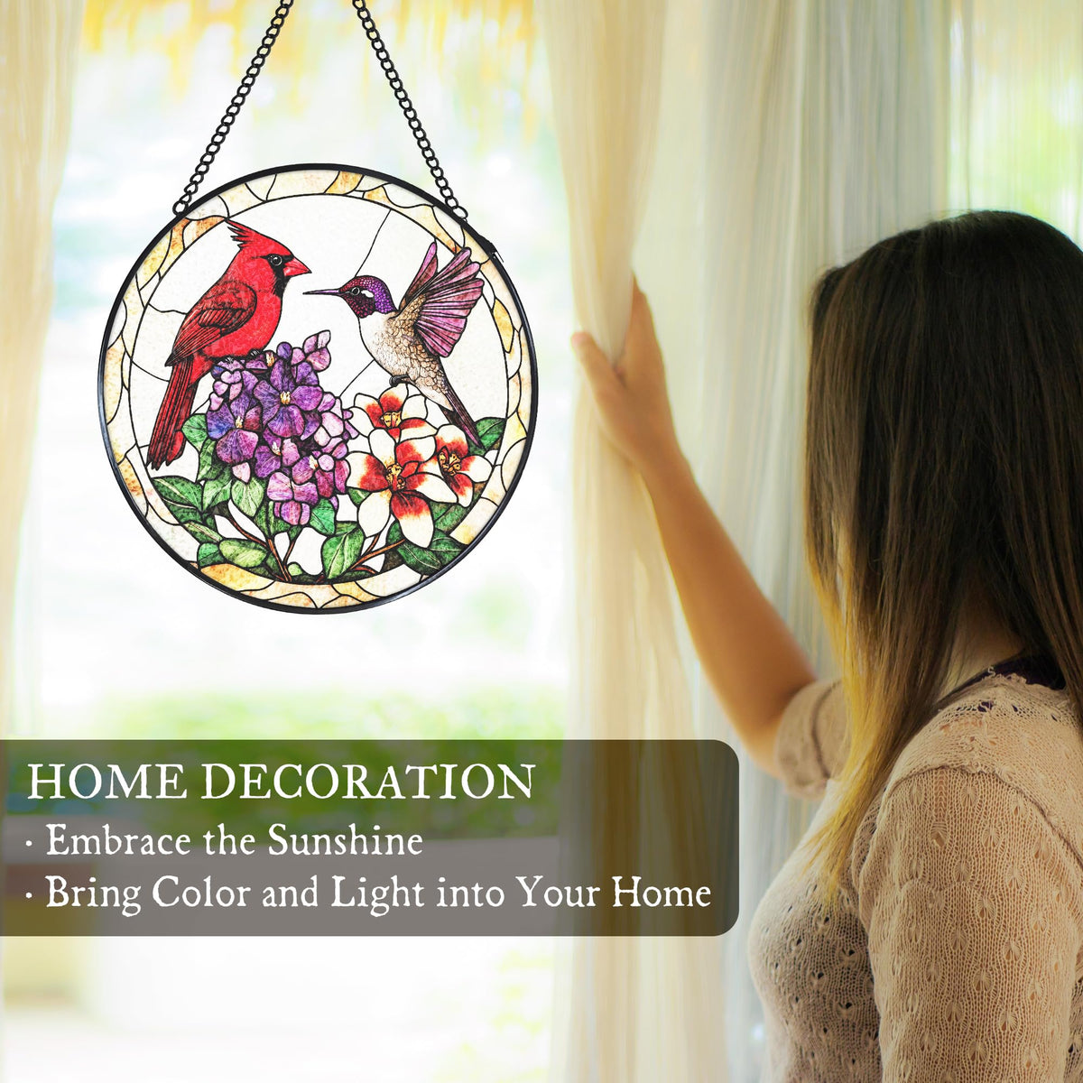 WUHSDIBC Cardinal Hummingbird Stained Glass Window Hanging Suncatcher, Flower Bird Sun Catcher Indoor Window Decor, Birds Lover Gifts Painted Glass Round Wall Hanging Decorations, 7.8x7.8 in