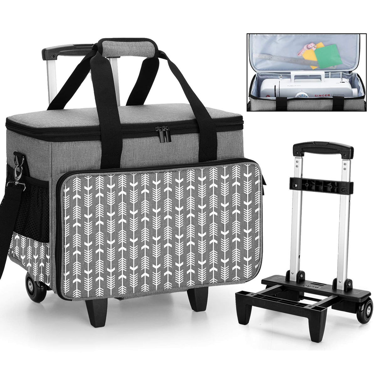 Yarwo Upgraded Rolling Sewing Machine Carrying Case, Detachable Trolley Tote Bag with Removable Bottom Board and Thickened Trailer Leg for Most Standard Sewing Machine and Accessories, Gray with Arrow