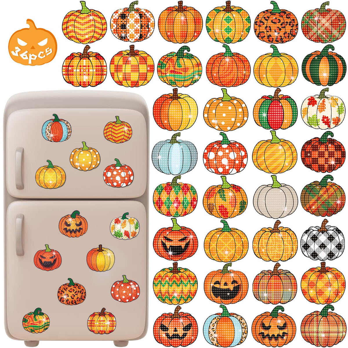 36PCS Halloween Crafts for Adults DIY Diamond Art: DIY Refrigerator Magnets Stickers Kit, Magnetic Fridge Decor (Pumpkin)