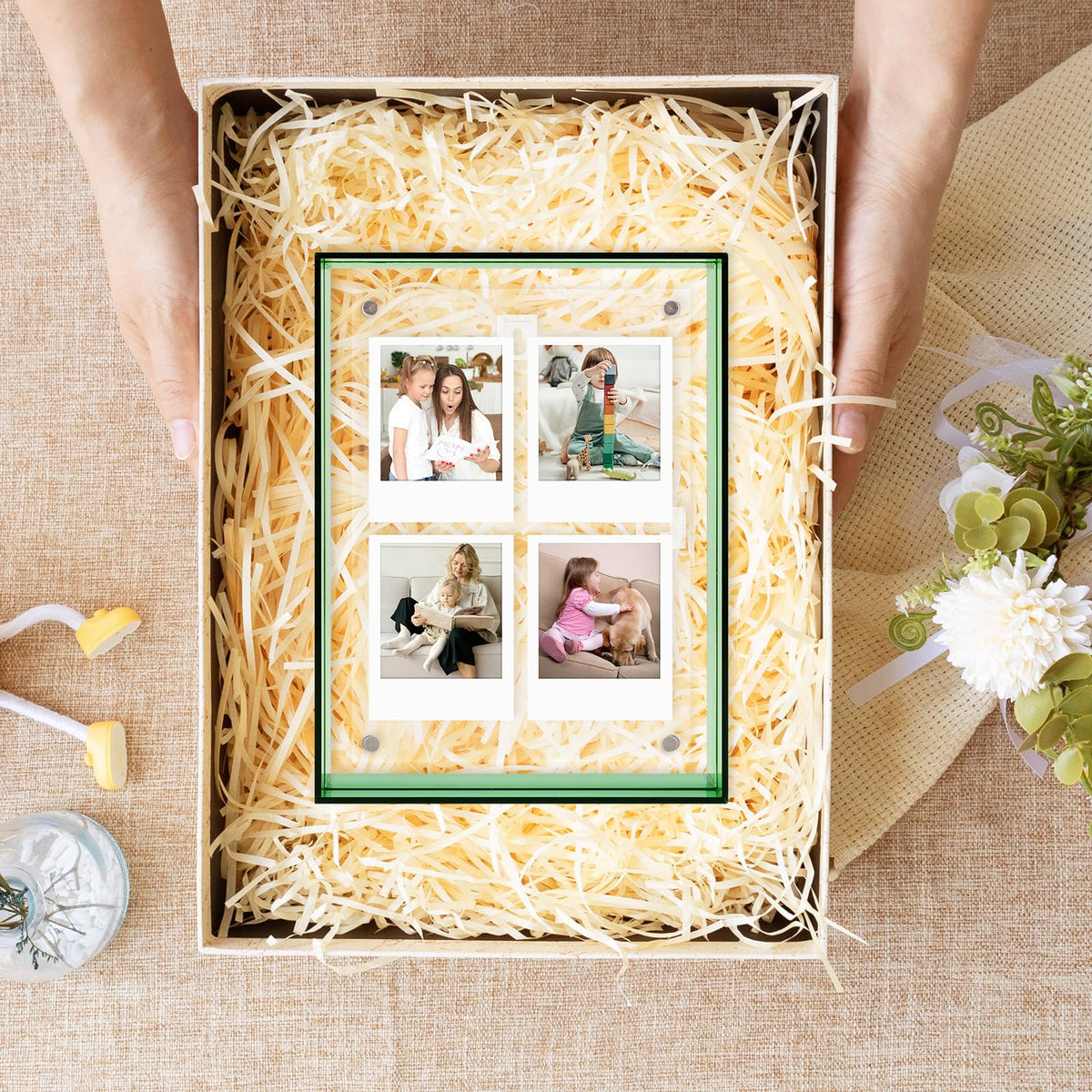 5x7 Acrylic Picture Frame Green - Clear Floating Photo Frames for 5 x 7 Inches Art Print - Individual for Tabletop Display - With Hangers for Wall Mount Horizontal or Vertical - 1 Pack