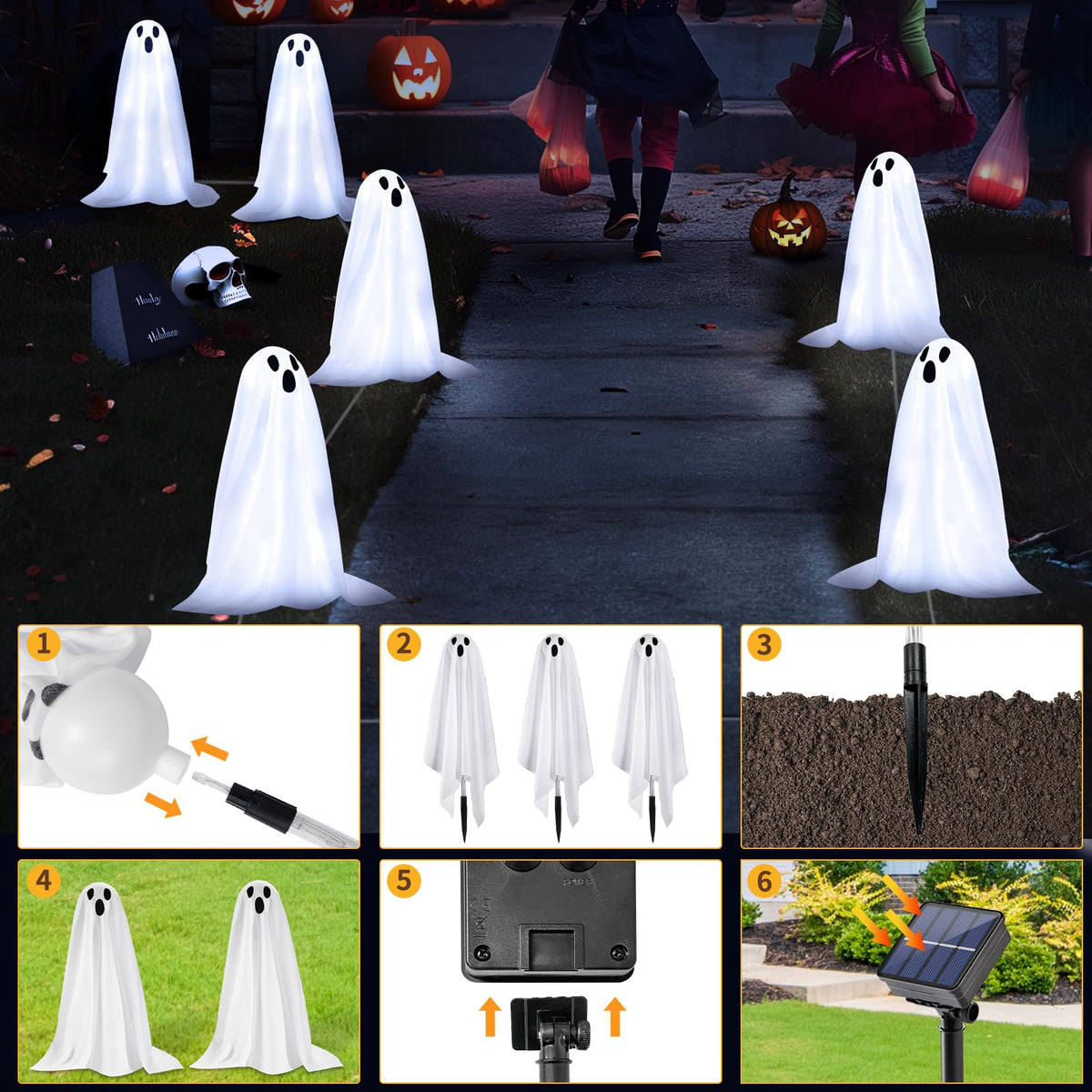 Halloween Decorations, 6 Pack 18.9'' High Solar Small Ghost String Stake Lights 12.8 FT, White Small Cloth Ghost Stakes with 8 Lighting Modes and Waterproof Outdoor Garden/Yard Path Lights, Clod Light