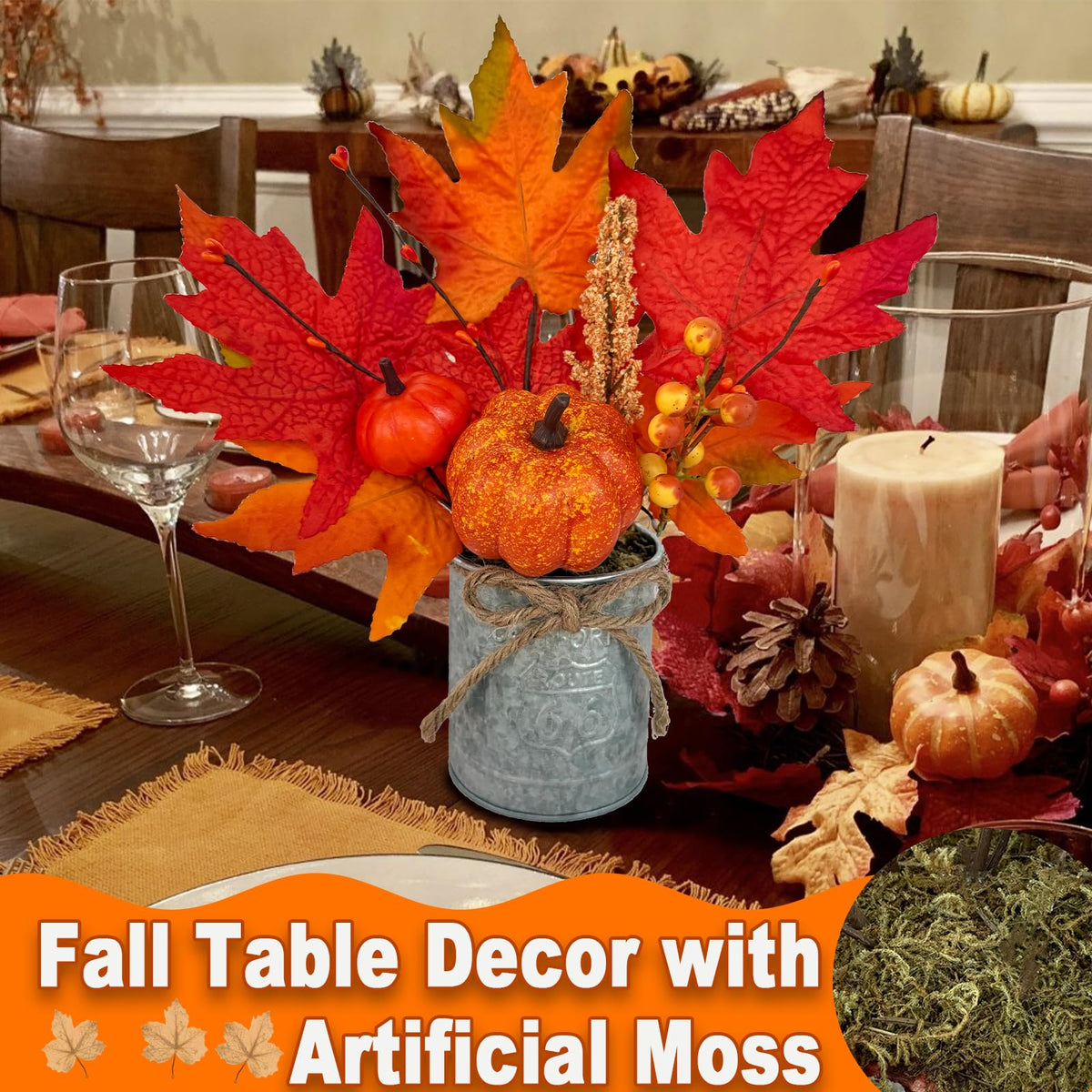 2 Pack 12" Fall Decorations for Home Fall Table Centerpieces Fall Arrangements Maples Leave Pumpkin Berried Wheat Realistic Moss in Metal Pots Thanksgiving Decorations for Home Kitchen Table Farmhouse