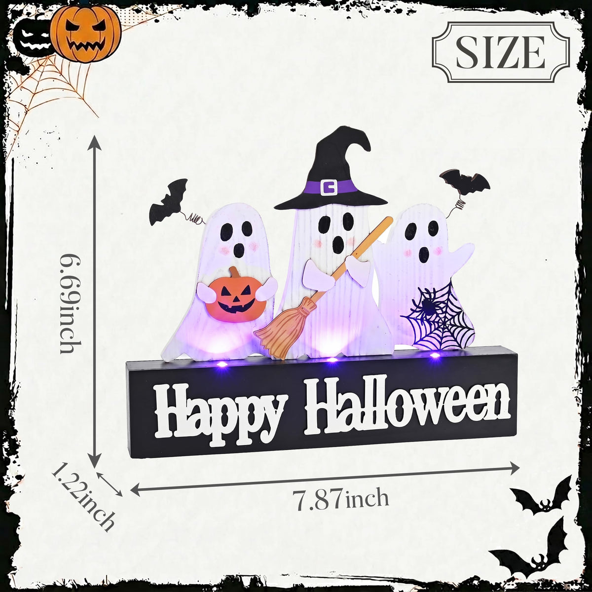 Valery Madelyn Halloween Decorations with Purple LED Lights, Lighted Halloween Ghost Decor, Tabletop Sign with Witch Hat Broom Bats Jack O Lantern for Home Party Indoor, 8 Inch
