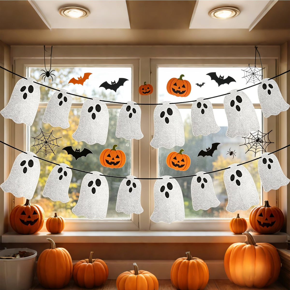 Vavious Halloween Party Banner Cute 4 Pcs Halloween Ghost Banners Indoor for Fireplace Spook Garland Hanging Bunting Sign for Wall Windows Indoor Easter Party Decor White