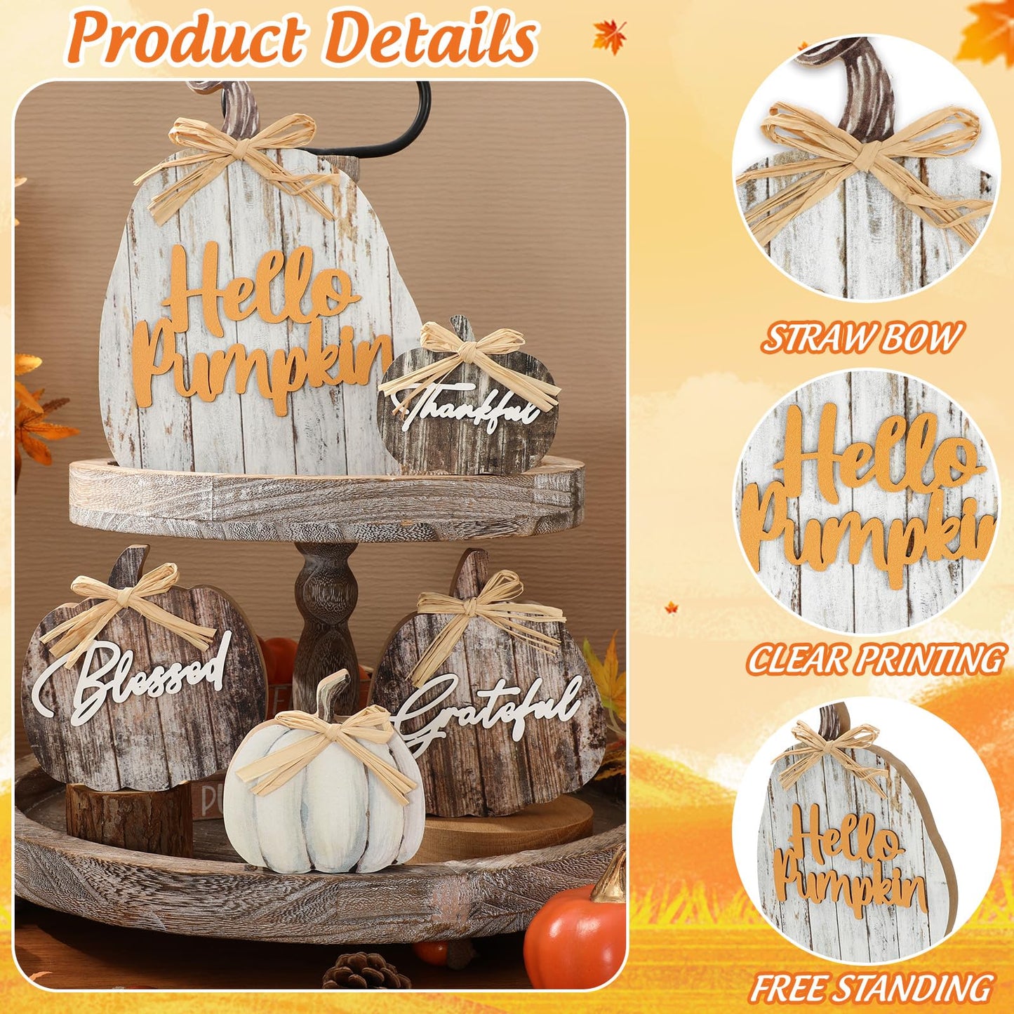JarThenaAMCS 5 Pcs Hello Pumpkin Fall Decor Blessed Grateful Thankful Thanksgiving Decor Farmhouse Wood Pumpkin Table Centerpieces Autumn Desktop Decorations for Harvest Home Kitchen Decorations