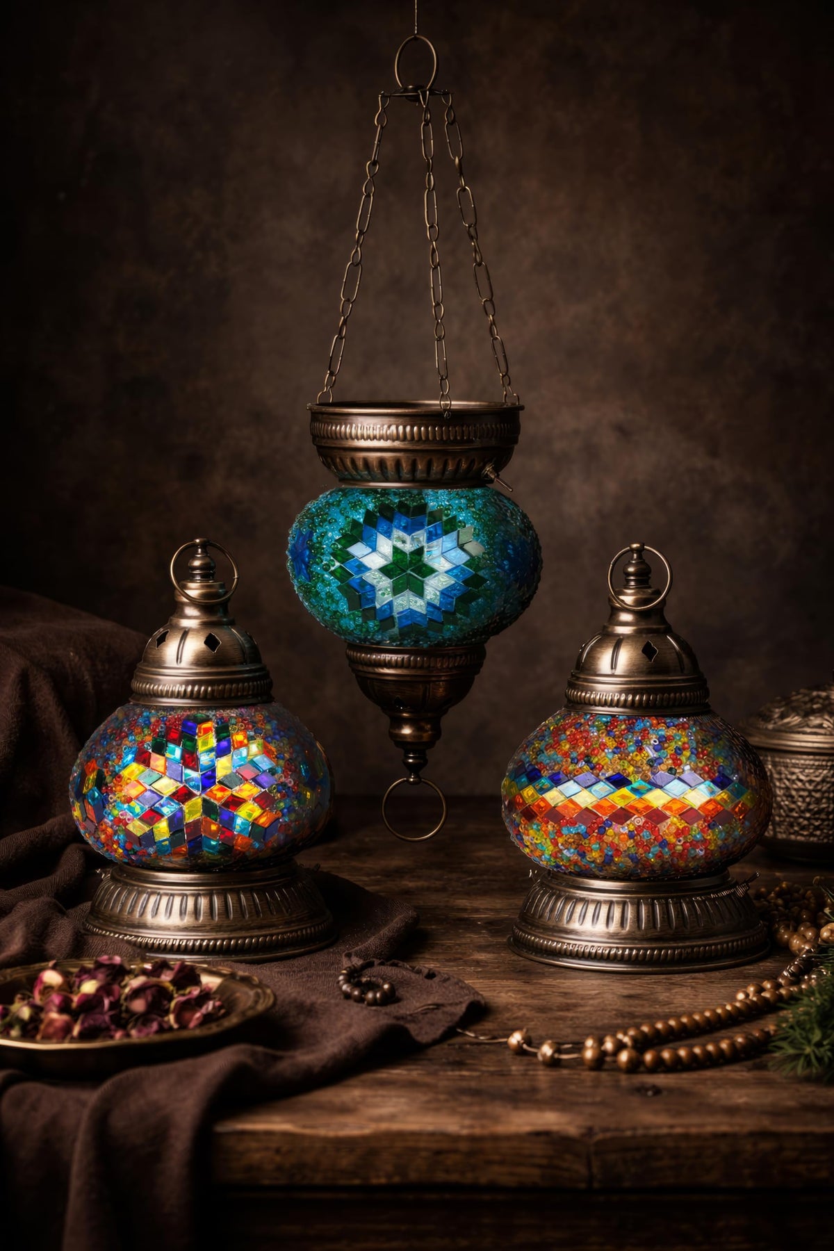 DEMMEX DIY Turkish Mosaic Lantern Kit – Beginner-Friendly Tiffany Glass Craft Project for Adults & Teens, Brass Finish, Battery Operated, Convertible Tabletop or Hanging Lantern (Turquoise&Green)