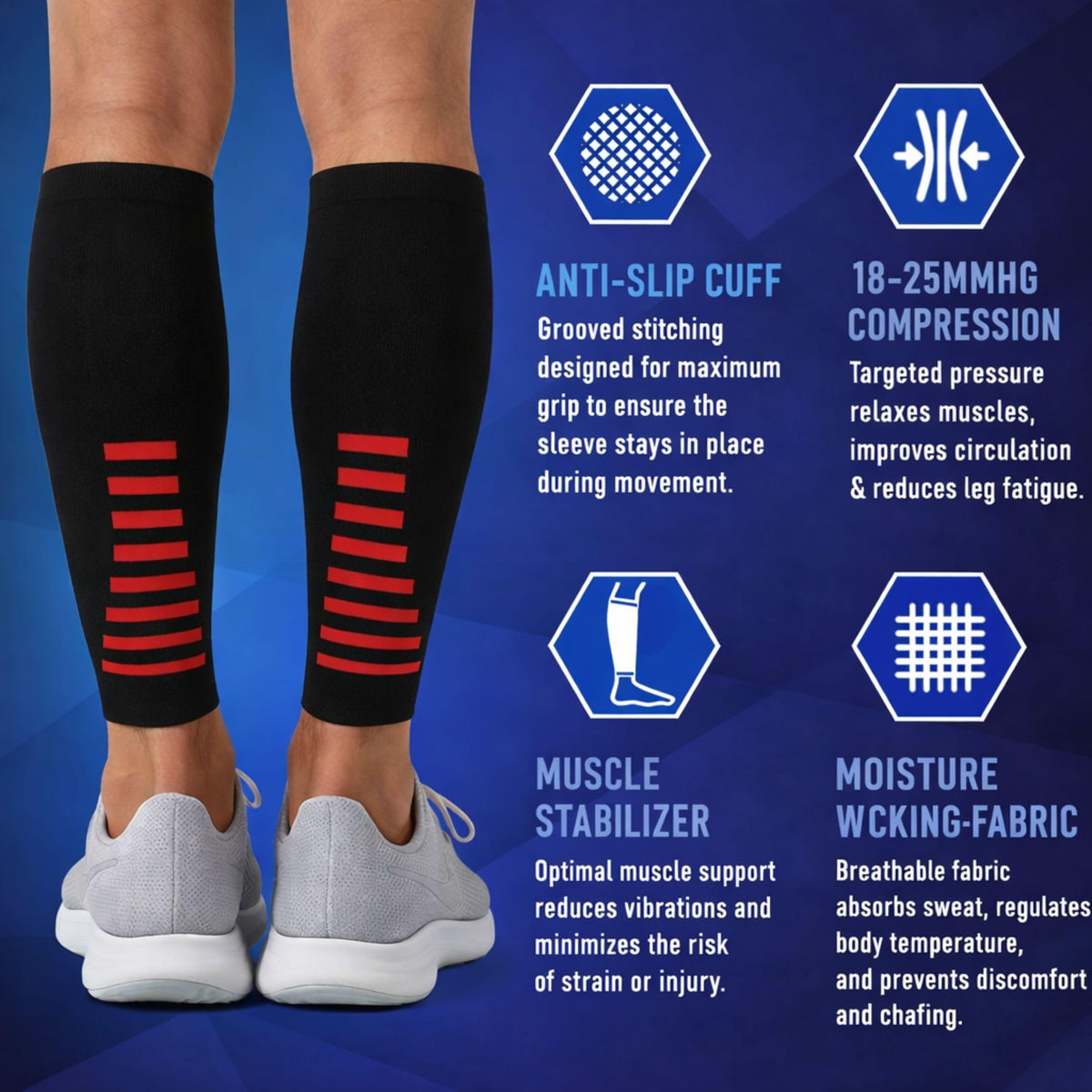 Fittest Pro Leg Compression Sleeve, Calf Support Sleeves Legs Pain Relief for Men and Women, Comfortable and Secure Footless Socks for Fitness, Running, and Shin Splints – Black, Large (One Pair)