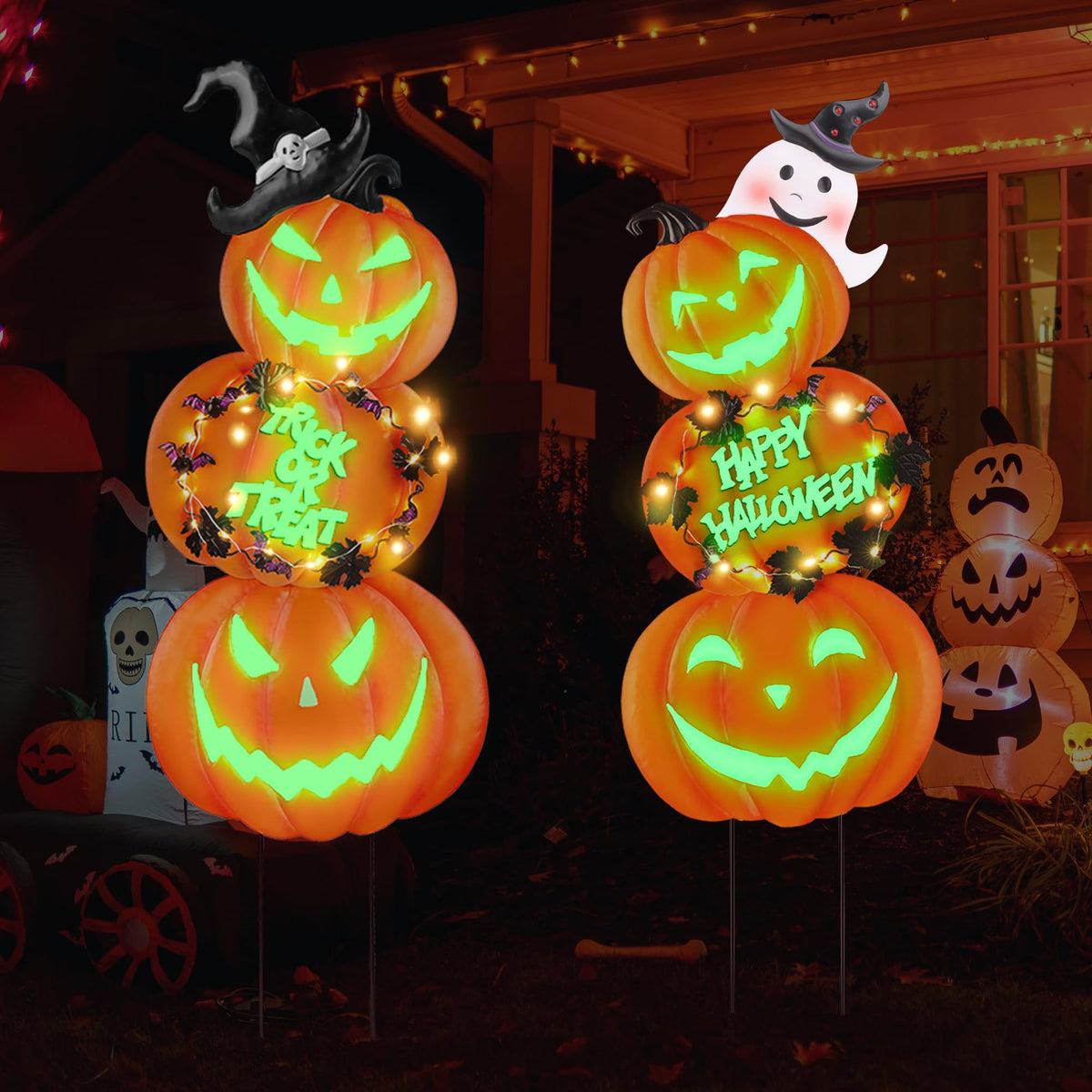 Fovths 6 Pieces 38.2 Inch Metal Halloween Pumpkins Yard Signs with Stakes Waterproof Solar String Lights Pumpkin Ghost Witches Hat Stakes for Halloween Theme Party Outdoor Garden Lawn Decor