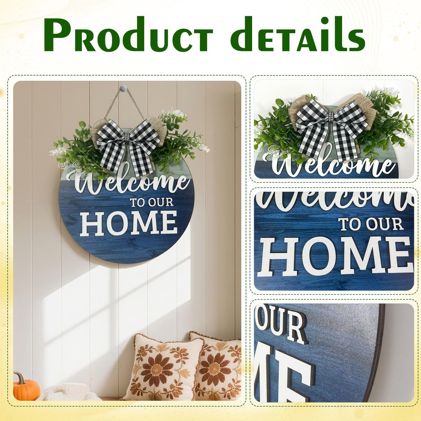 VPDTVK Welcome Sign for Front Door, Rustic Welcome Door Sign Outdoor Wreaths Decor for Spring Summer Autumn and Winter All Seasons Holiday Halloween Christmas(Blue)