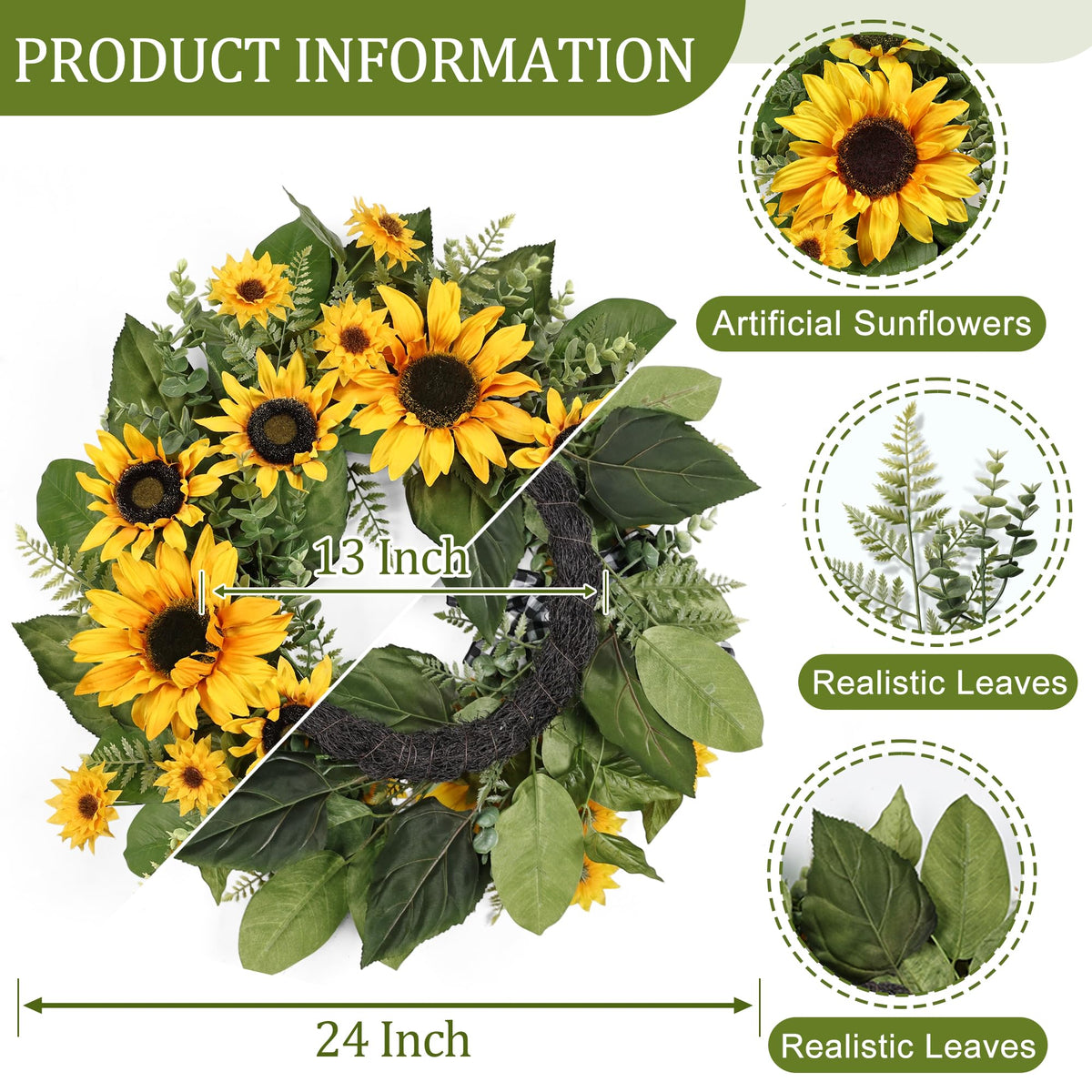 24 Inch Large Sunflower Spring Summer Wreath for Front Door, All Season Wreath with Bow Wreaths for Unique Housewarming Gift, Porch Wall Farmhouse Home Wedding Holiday Decor