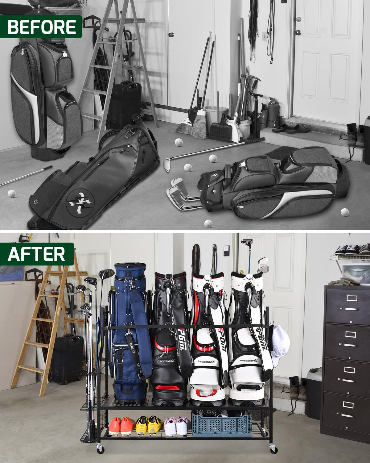 Mythinglogic 4 Golf Bag Storage Organizer, Extra Large Golf Storage Stand for Golf Bag Accessories, Golf Storage Rack for Garage, Golf Club, Basement
