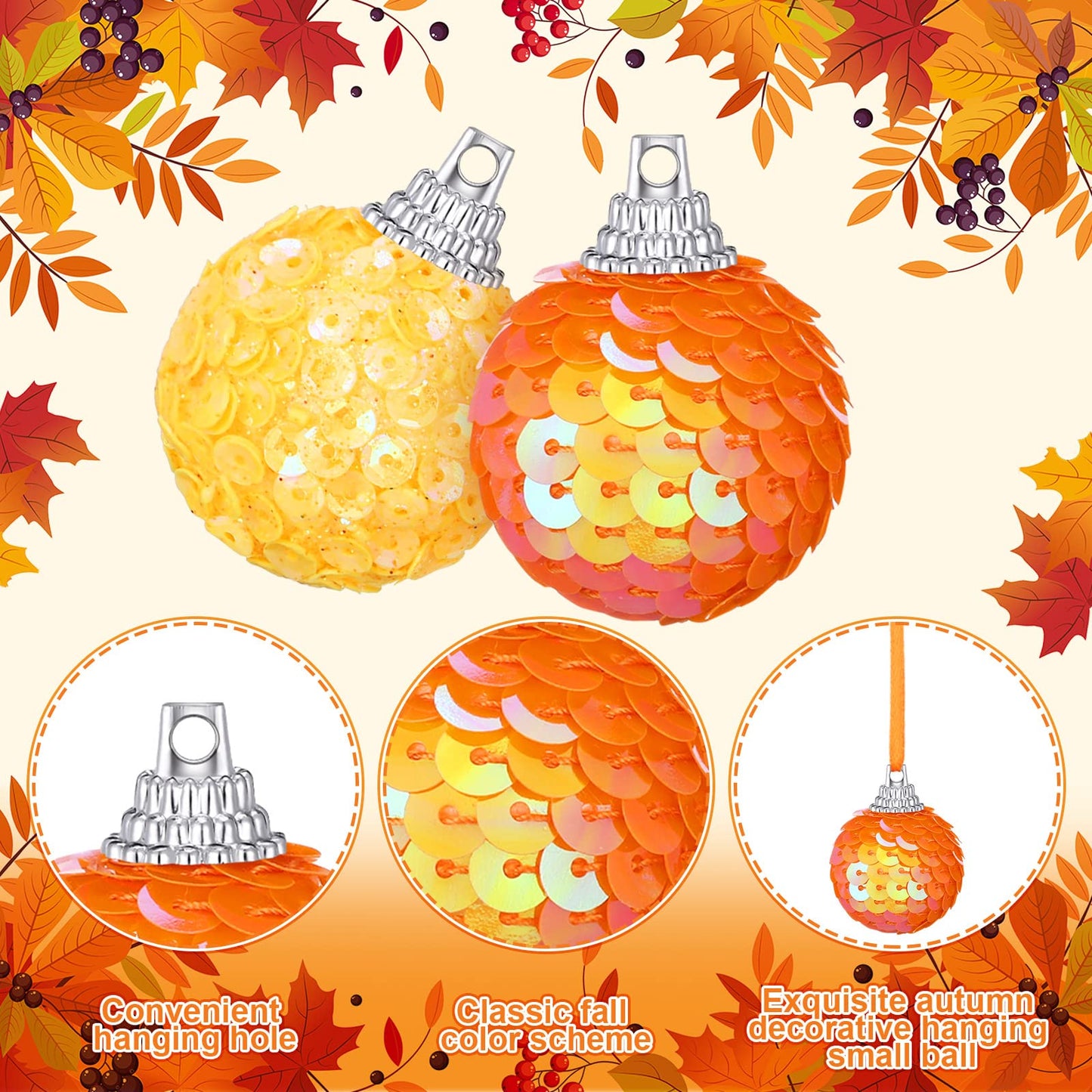 Sotiff 24 PC Mini Tree Ornaments Pumpkin Hanging Christmas Ornaments Glitter Foam Ball Fabric Wrapped Small Fake Pumpkins Mini Ball for Autumn Home Christmas Decors (Glitter)