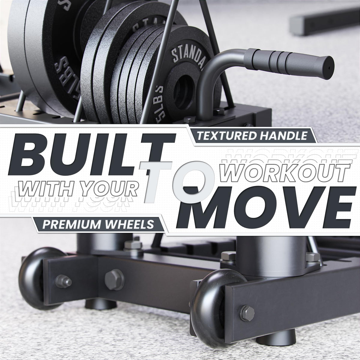 Synergee Horizontal Plate Storage Rack with Barbell Holders – Interchangeable Dividers, 350 lb Capacity, Fits Bumper & Cast Iron Plates, Wheels for Easy Mobility