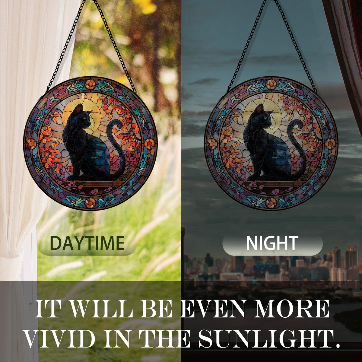 Hxlac Black Cat Christmas Suncatcher Stained Glass Window Hanging, Gothic Black Cat Flower Sun Catchers Indoor Window Glass Round Wall Decor, Halloween Wall Art Hanging Decorations, ＂7.8x7.8＂