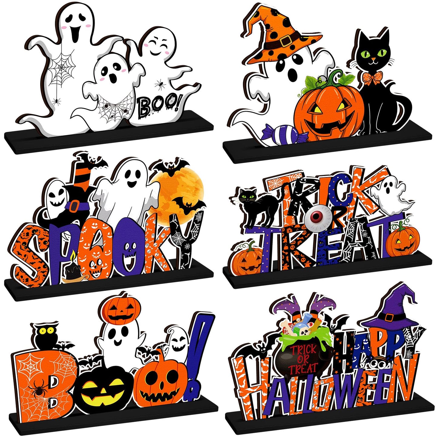 CroBlissful 6 Pcs Halloween Table Centerpiece Decorations Trick or Treat Pumpkin Ghost Wood Centerpiece Happy Halloween Boo Spooky Wooden Signs Table Decor for Living Room Office Kitchen Party Decor