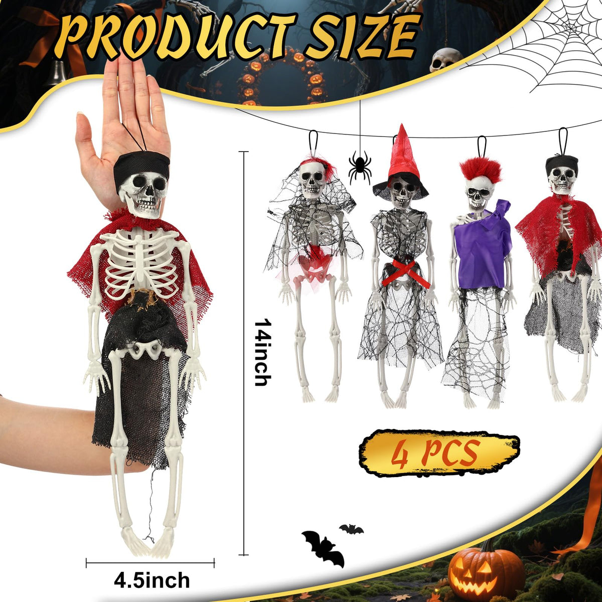 Poen 4 Pack 16" Halloween Hanging Skeleton Decorations Small Full Body Posable Skeletons with Movable Joints Plastic Mini Spooky Decor for Halloween Party Haunted House Lawn Graveyard Props(Pirate)