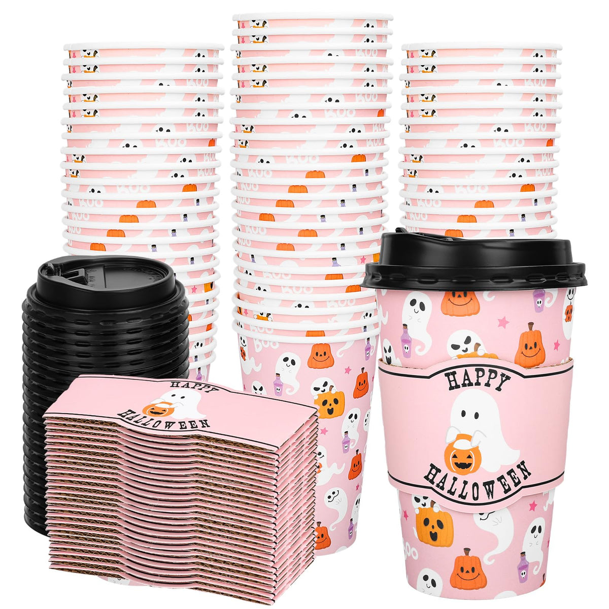 Whaline 50Pcs 16Oz Halloween Disposable Coffee Cups with Lids and Sleeves Pink Ghost Boo Pumpkin Paper Drinking Cup for Trick or Treat Birthday Party Supplies