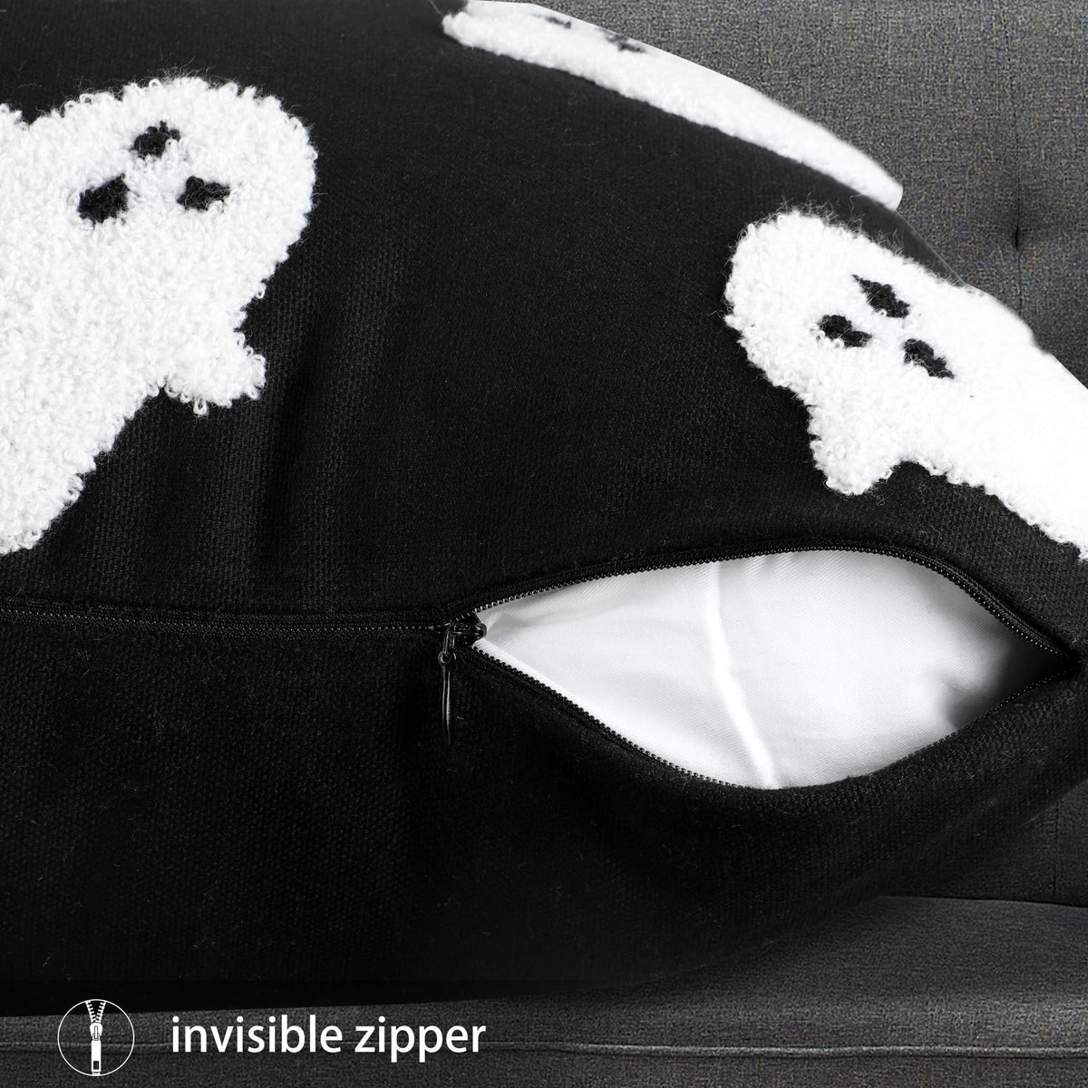 2PCS Halloween Pillow Covers 18 x 18 Inch White Ghost Throw Pillow Cases 3D Embroidered Cushion Covers Halloween Black Decorative Pillowcases for Sofa Couch Bed Living Room Home Indoor Outdoor Decor
