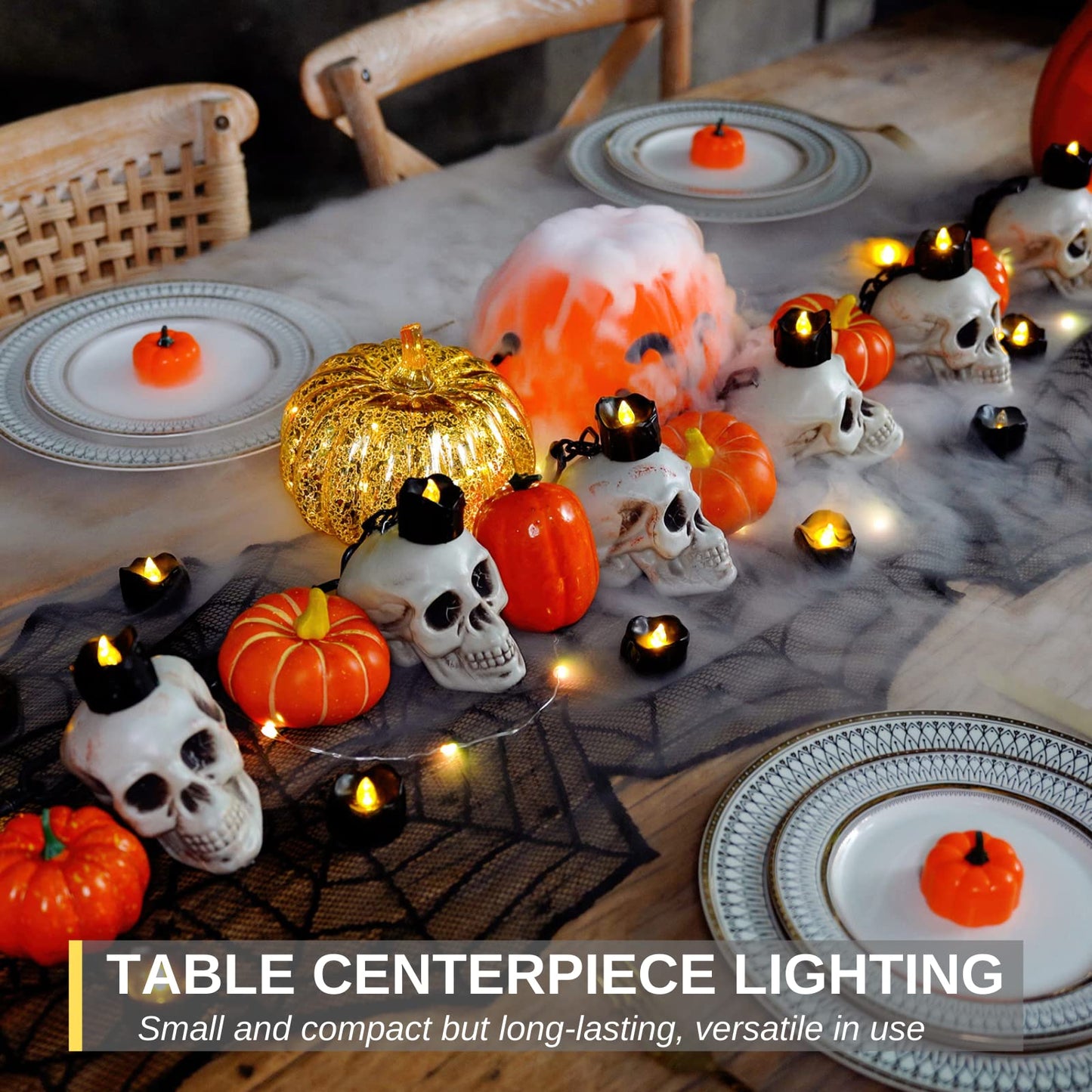 Homemory 24-Pack Halloween Black Dripping Flameless Tea Lights, Battery Operated Flickering LED Candles, Safe for Pumpkins, Party & Holiday Decor, 1.58" D x 1.2" H, Warm White Glow