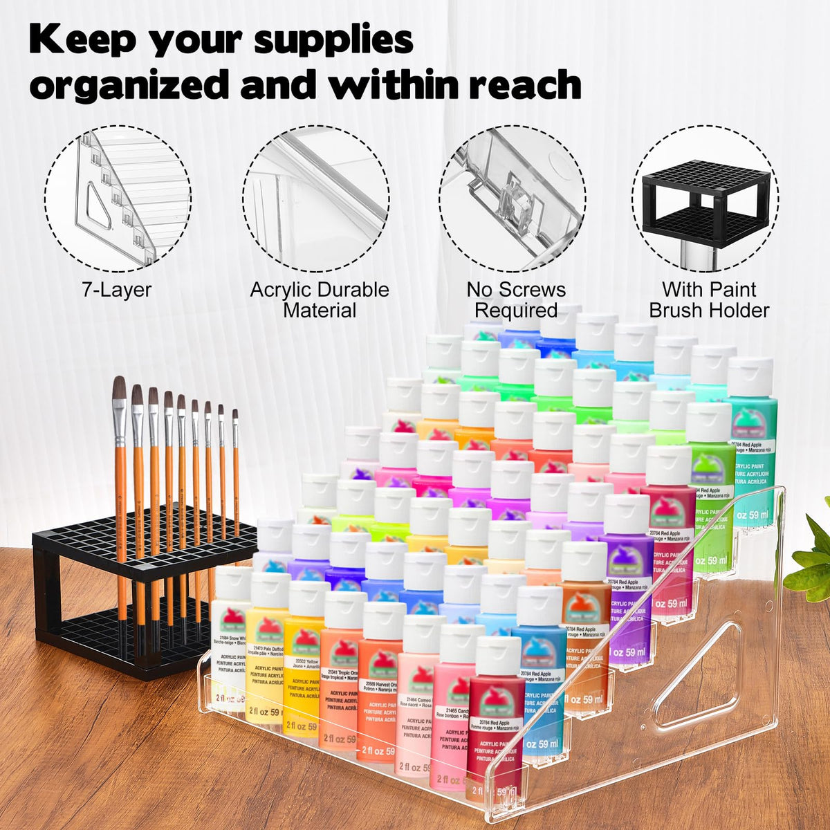 YEXEXINM 4 Pcs Clear Paint Organizer With 2 Pcs Paint Brush Holder,7 Layers Acrylic Paints Organizer Storage Rack,Craft Paints Organizers Rack