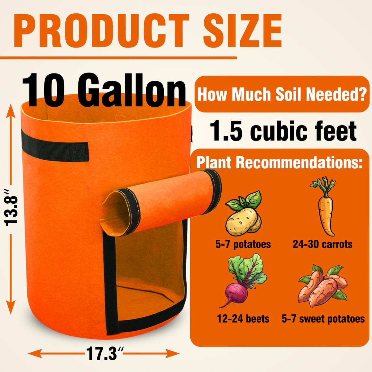 Gardzen 6 Pack BPA-Free 10 Gallon Vegetable Grow Bags with Access Flap and Handles, Suitable for Planting Potato, Taro, Beets, Carrots, Onions, Peanut