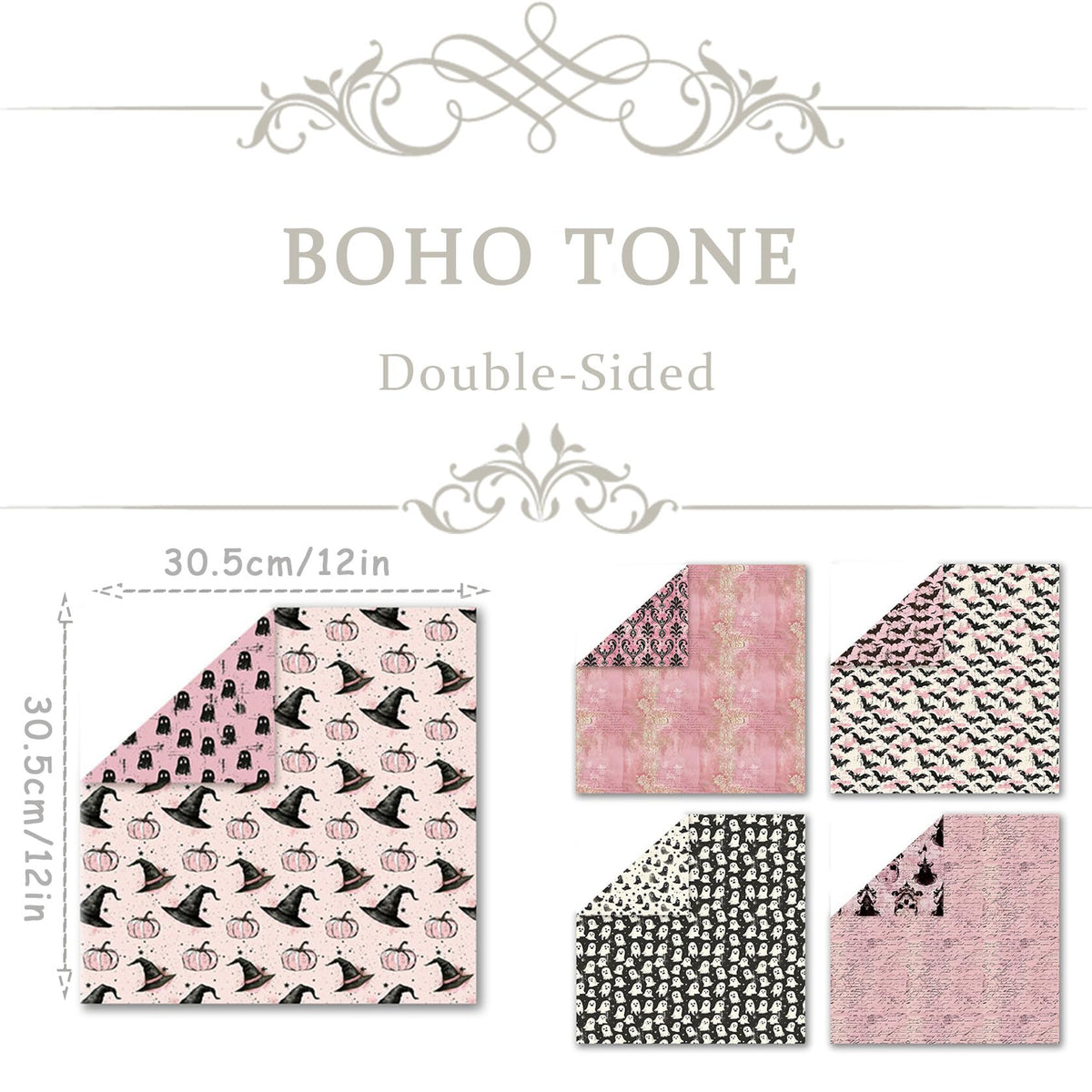 12 x 12 Scrapbook Paper, 24 Sheets Boho Pink Halloween Tone Double-Sided Decorative Cardstock Sheets for Scrapbooking, Crafts, DIY Albums, Junk Journals