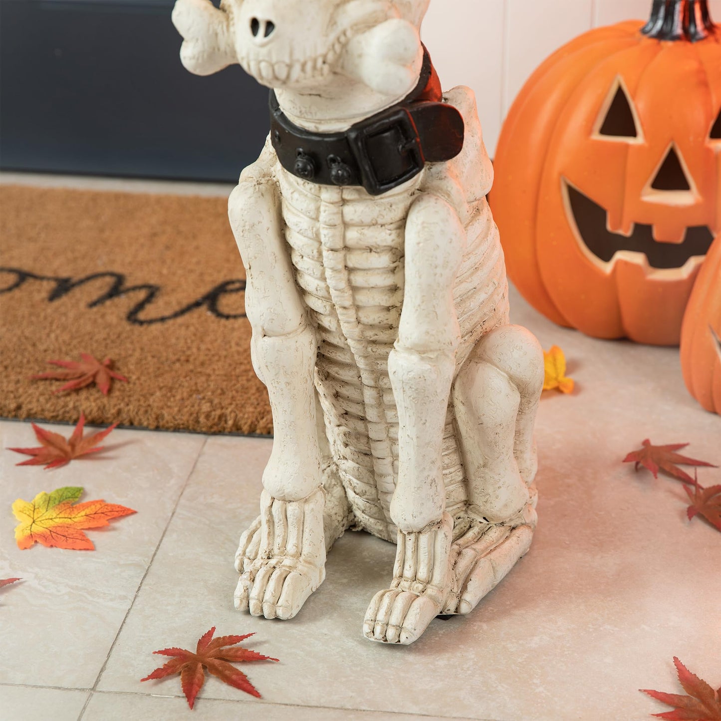 Glitzhome Halloween Porch Decorations, Lighted Halloween Front Porch Standing Sign Decor with Timer, MGO Skeleton Dog Sign for Indoor Patio Party, 20.5" H