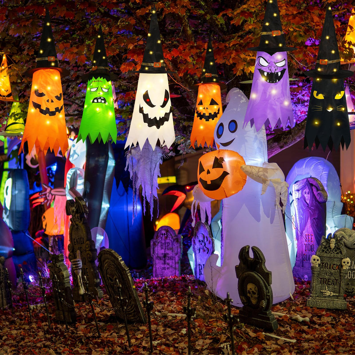 Qilery 6 PCS Hanging Witch Ghost Hats Decorations - Halloween Hanging Ghosts Decorations Outdoor - 31 Lighted Pumpkin, Cat, Mummy, Vampire, Zombie Theme for Yard Tree Porch Patio Garden Party