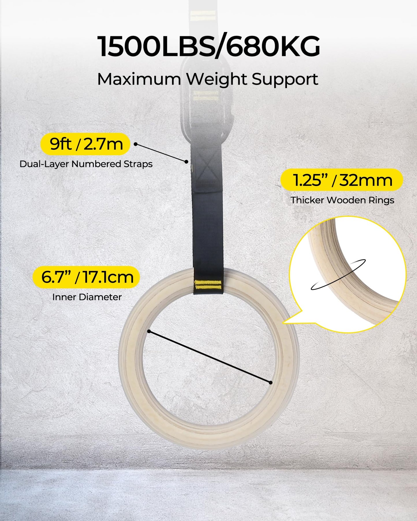 PACEARTH Gymnastics Rings 32mm Wooden Olympic Rings Support 1500lbs Locked Carabiners 9ft Double-Layer Numbered Straps Non-Slip Gym Rings for Home Gym Full Body Workout
