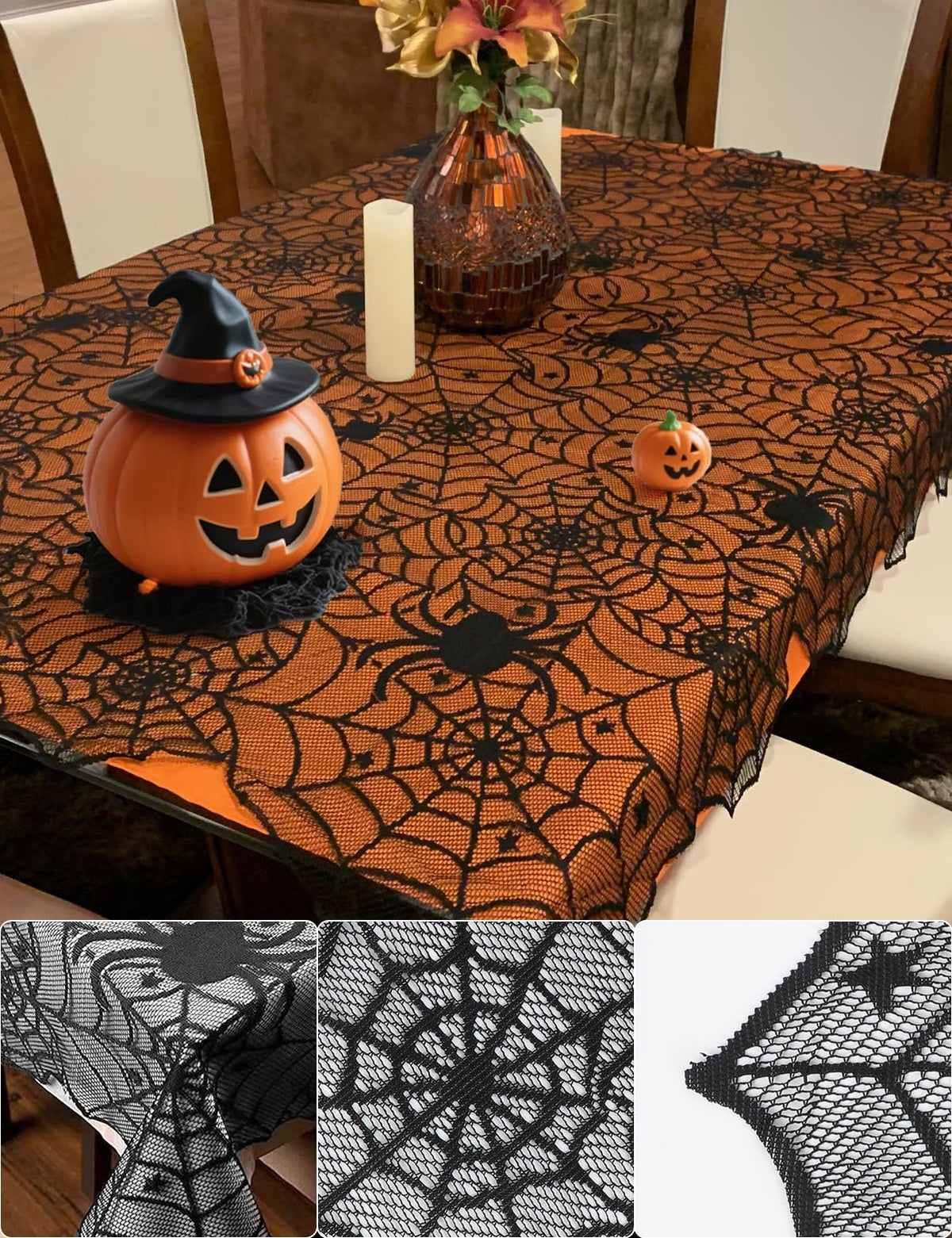 Halloween Table Cloth, Black Spider Web Lace Tablecloth for Rectangle Tables, Gothic Halloween Decor for Masquerade, Scary Movie Nights, Dinner Party Table Decorations 54 x 72 inch