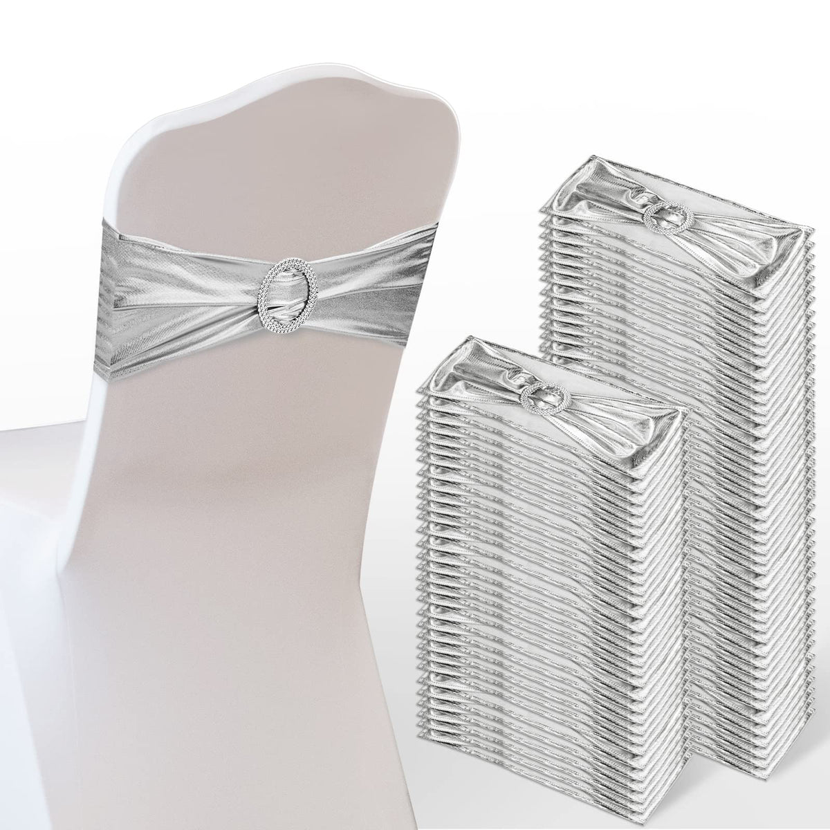 Oudain 120 Pieces Spandex Chair Sashes with Buckle Stretch Chair Cover Bands Bows for Wedding Hotel Banquet Events Decorations Sashes(Silver)