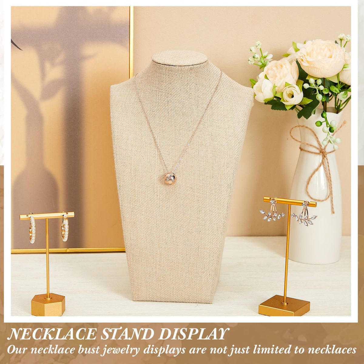Kigley 3 Pcs Linen Jewelry Display Bust Necklace Display Stand Necklace Mannequin Holder for Jewelry Selling Trade Shows(Beige,11.42 x 6.89 Inch)