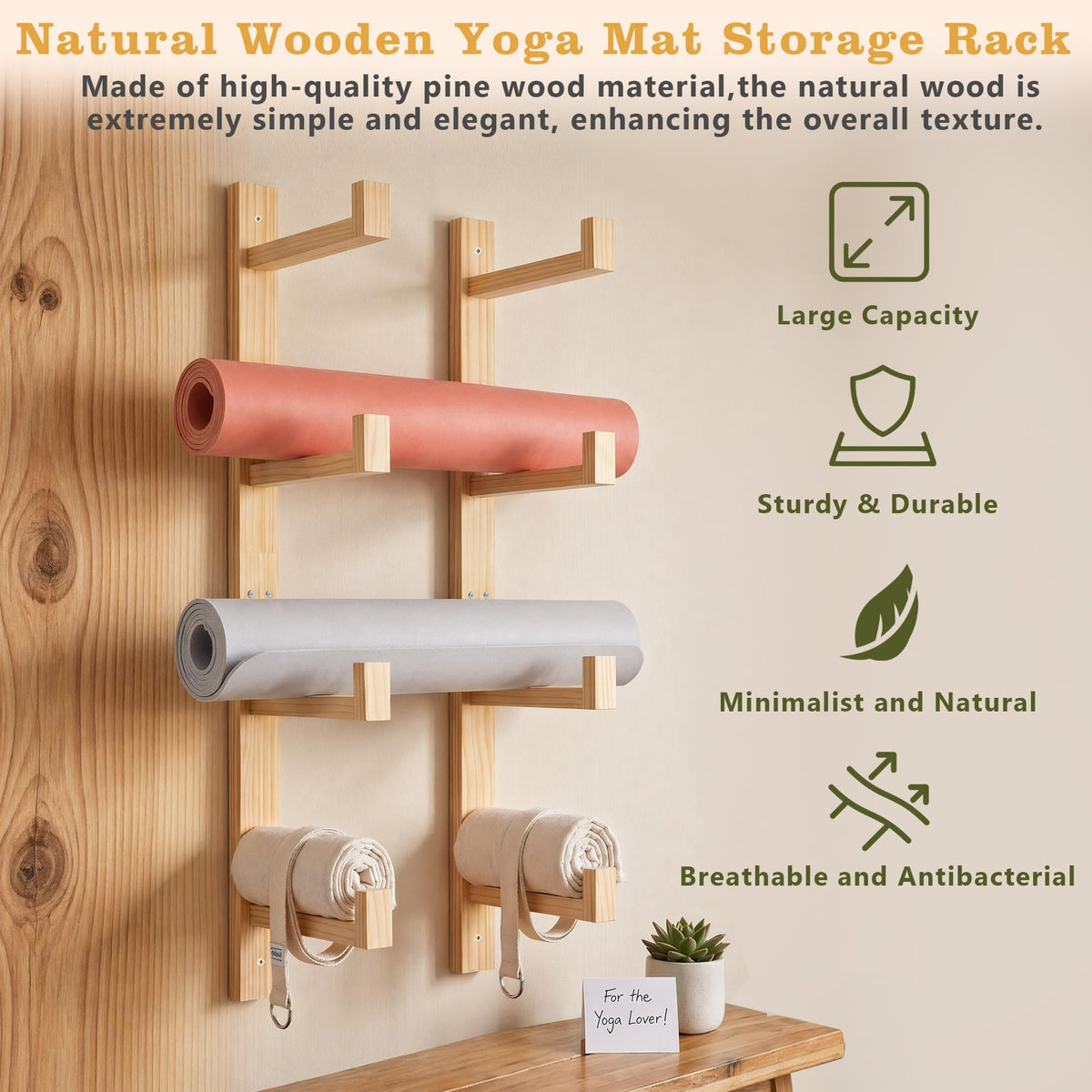 4-Tier Wooden Yoga Mat Holder Wall Mount, Yoga Mat Rack for Home Gym Organization, Wall Storage Hanger for Foam Roller and Fitness Accessories