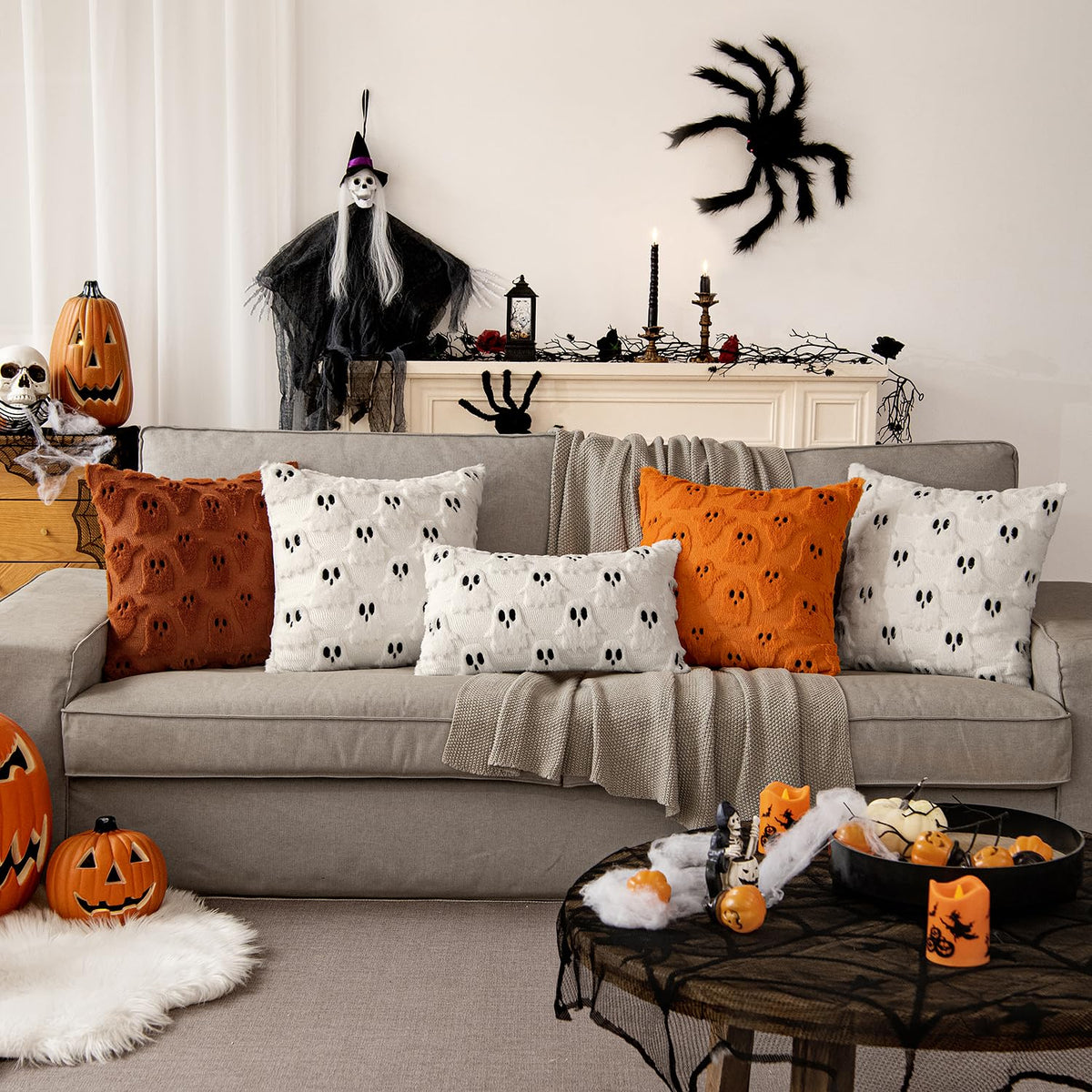 MIULEE 18x18 Inch Set of 2 Halloween White Ghost Decorative Soft Throw Pillows Bundle Rust Decorative Pumpkin Pattern Pillow Covers Plush Faux Fur Wool