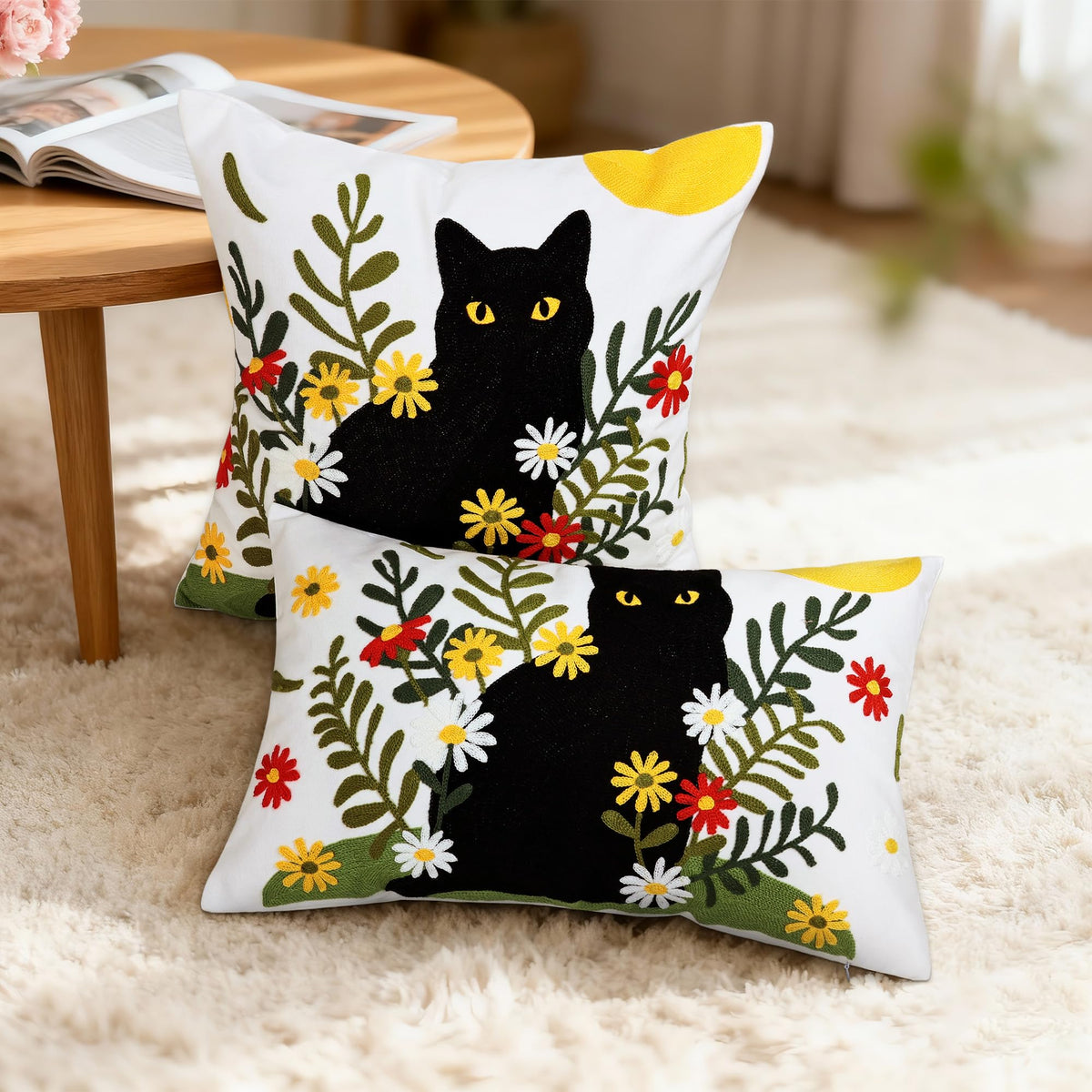 Cythasily Embroidered Pillow Covers 12x20 Inch Set of 1, Black Cat and Floral Patterned Decorative Throw Pillow Covers Lumbar Farmhouse Canvas Cushion Cases for Couch Sofa Bed Living Room Home Decor
